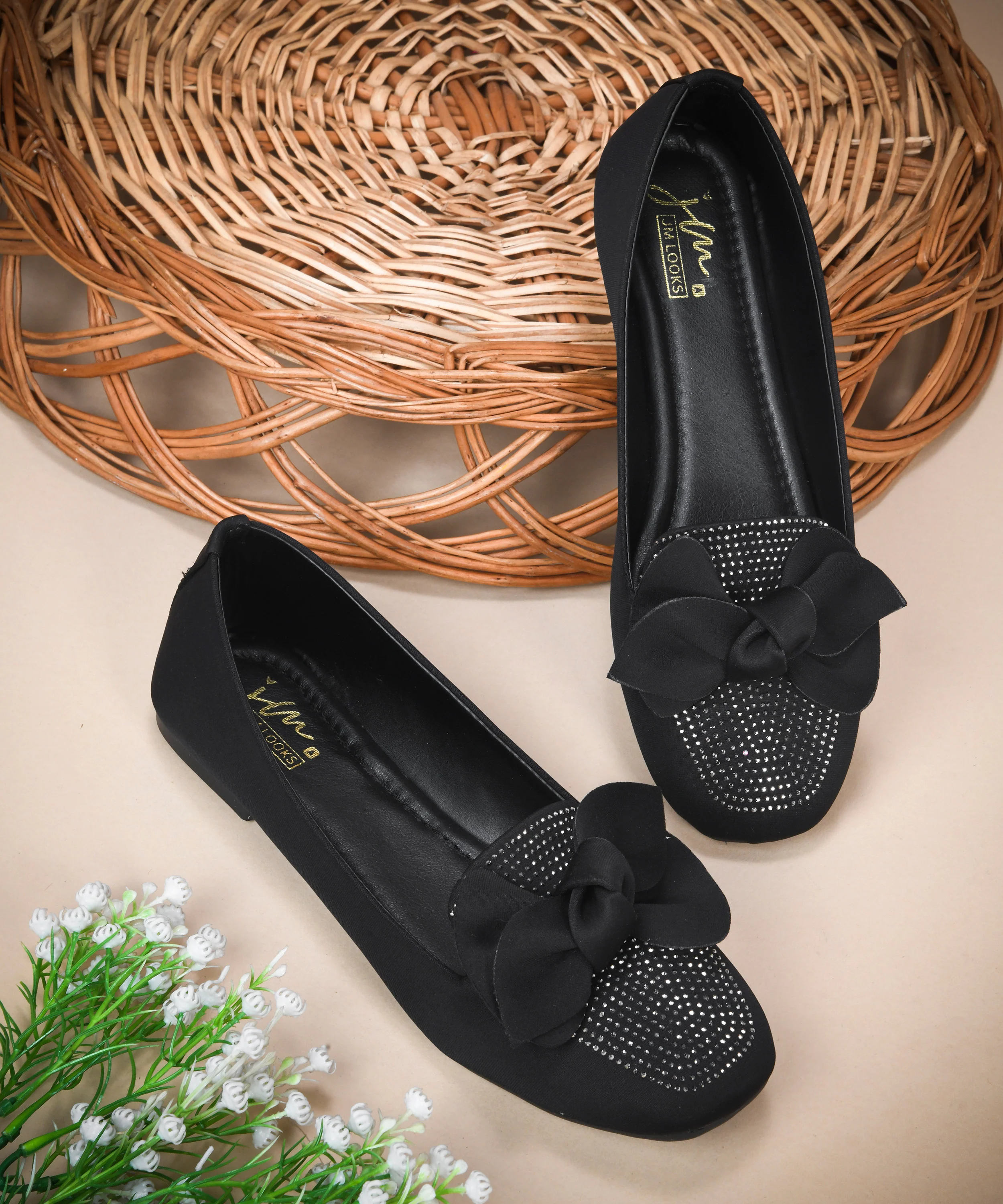 Ballerina Flats with Bow Detail & Studded Design