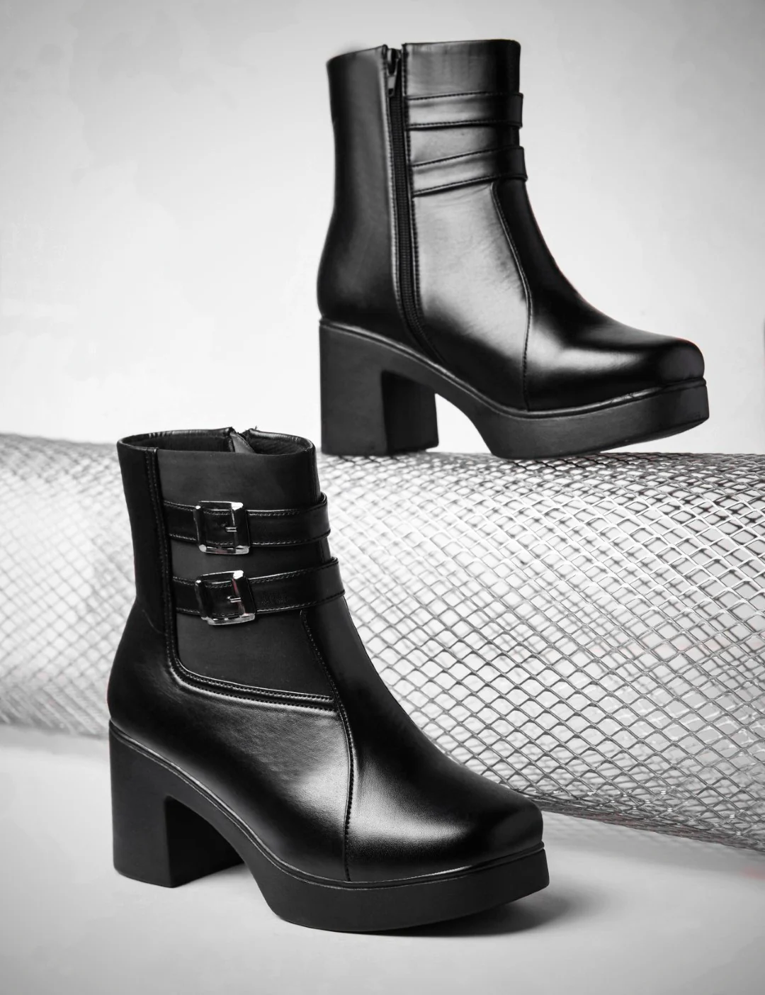 Block Heel Ankle Boots with Double Buckle Detail
