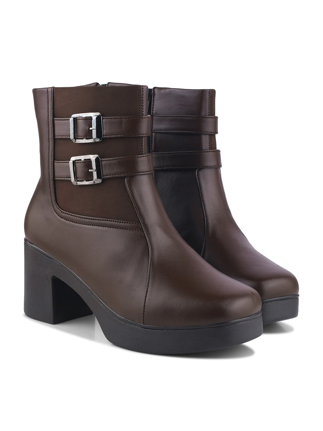 Block Heel Ankle Boots with Double Buckle Detail - Image 11