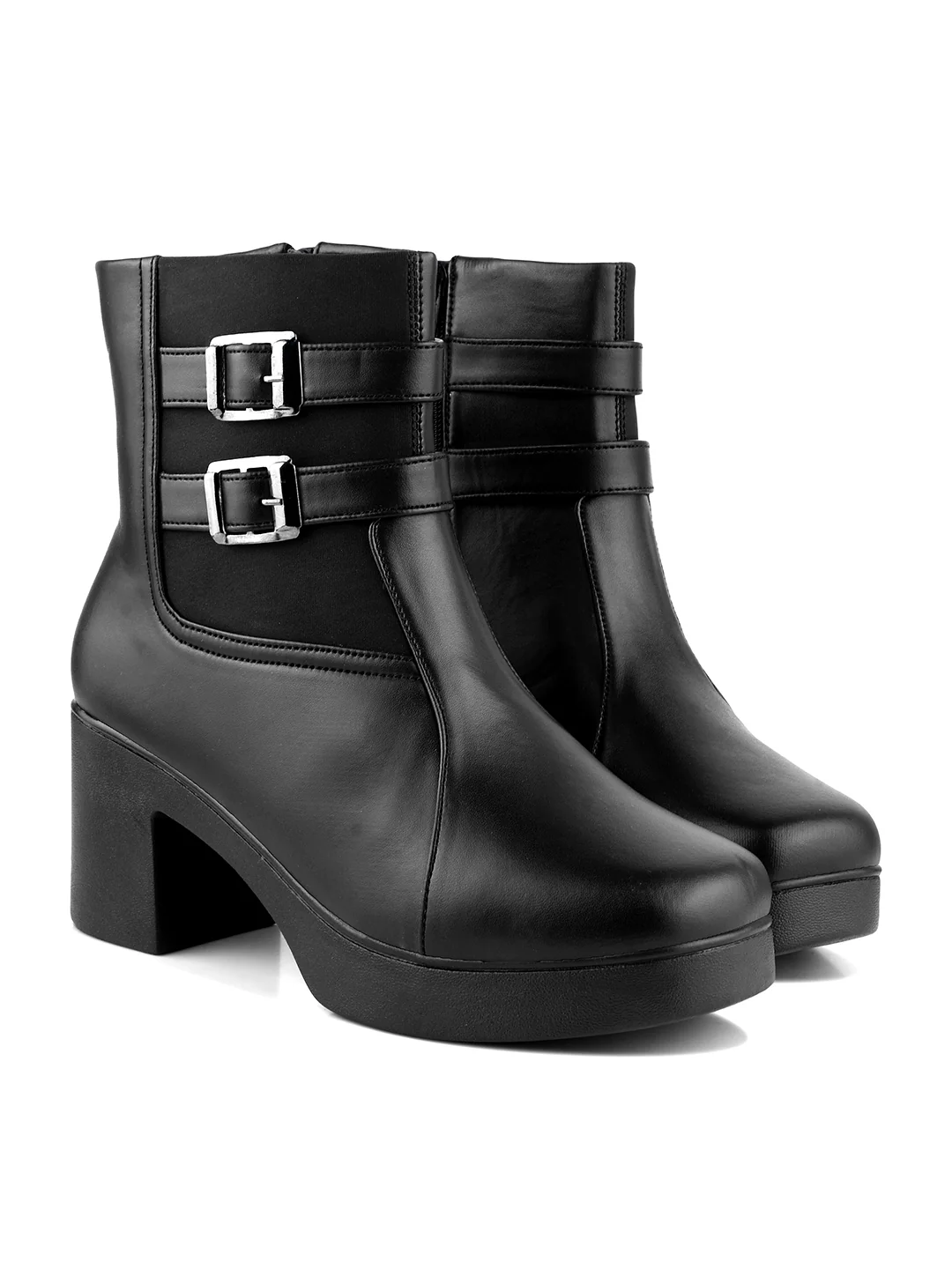 Block Heel Ankle Boots with Double Buckle Detail - Image 5