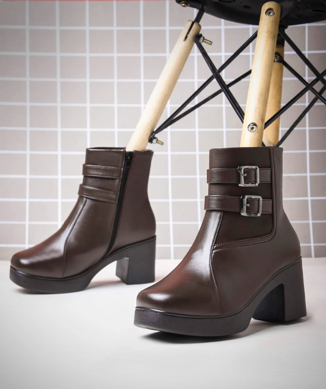 Block Heel Ankle Boots with Double Buckle Detail - Image 7