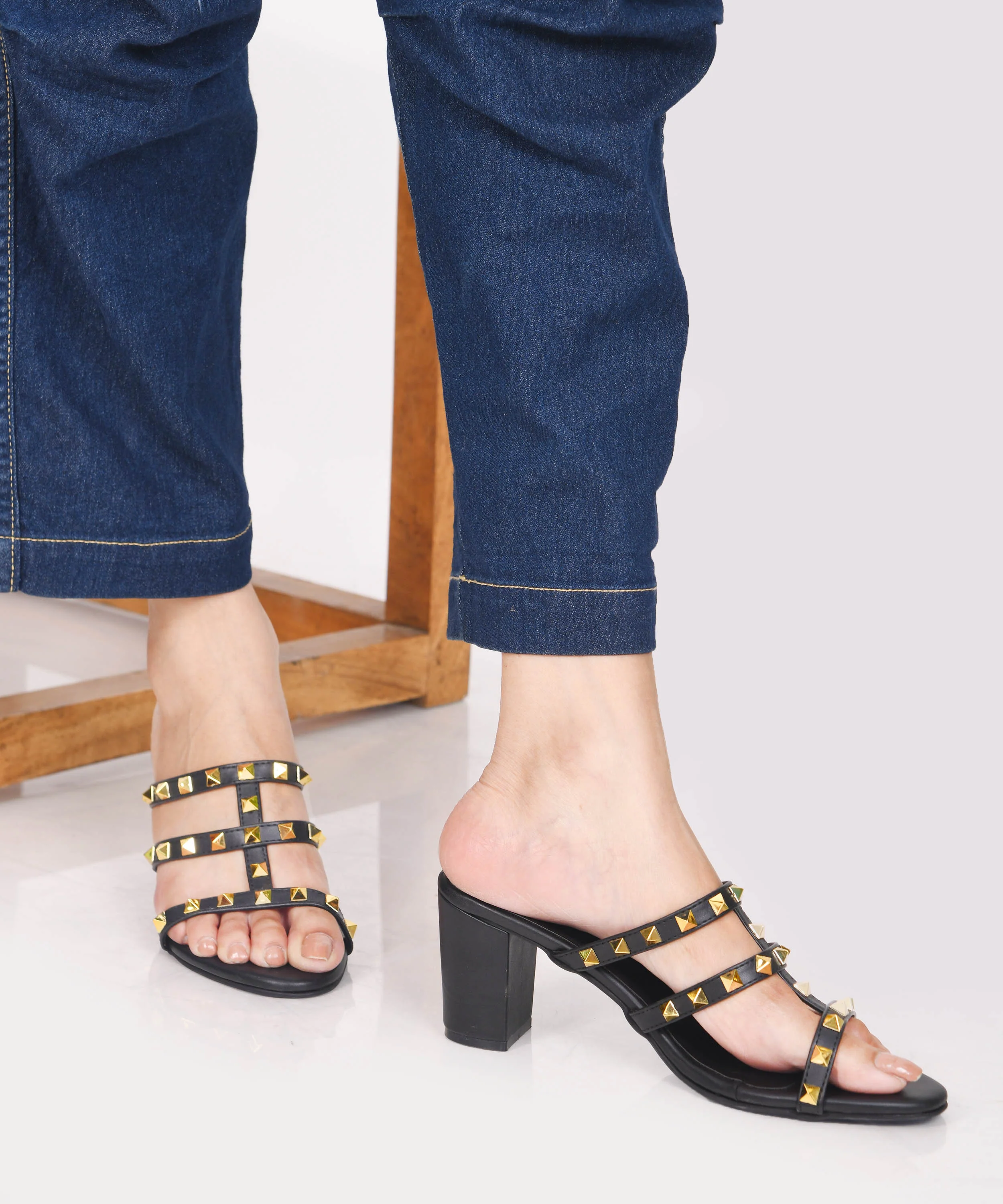 JM LOOKS Block Heel Mules with Studded Straps