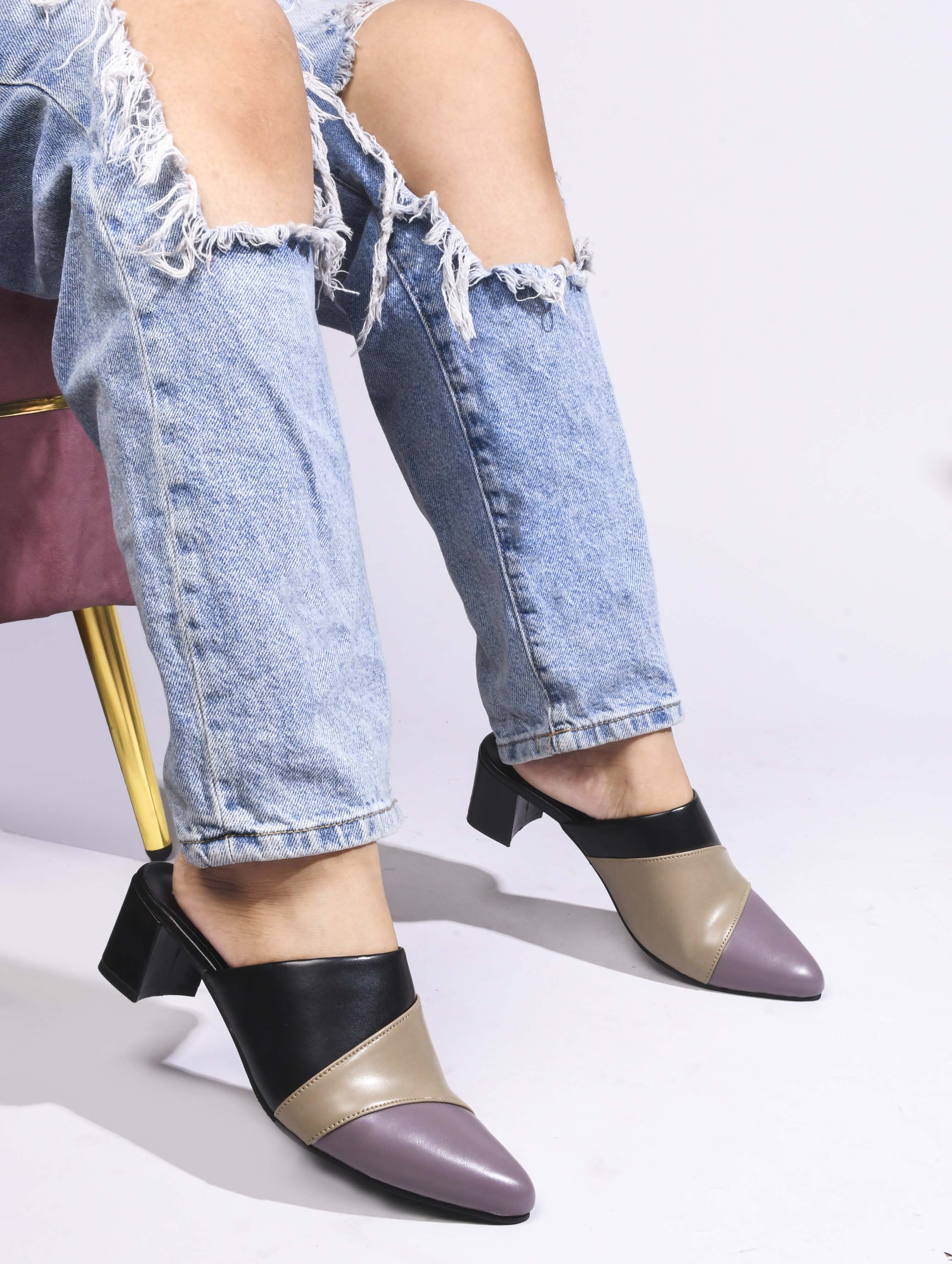Jm Looks Women's Pointed Toe Block Heel Mules