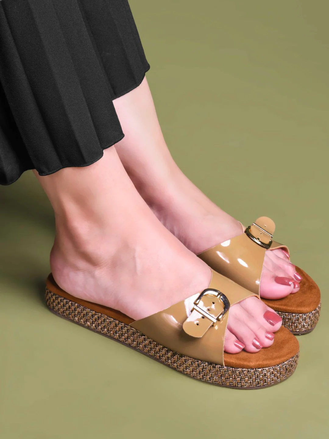 Buckle Strap Slide Sandals with Cushioned Footbed