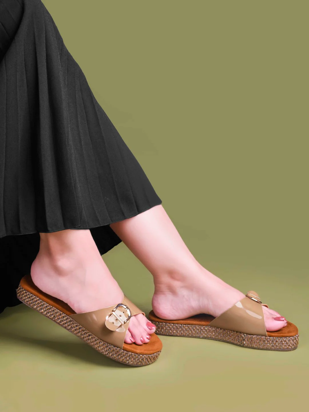 Buckle Strap Slide Sandals with Cushioned Footbed - Image 3