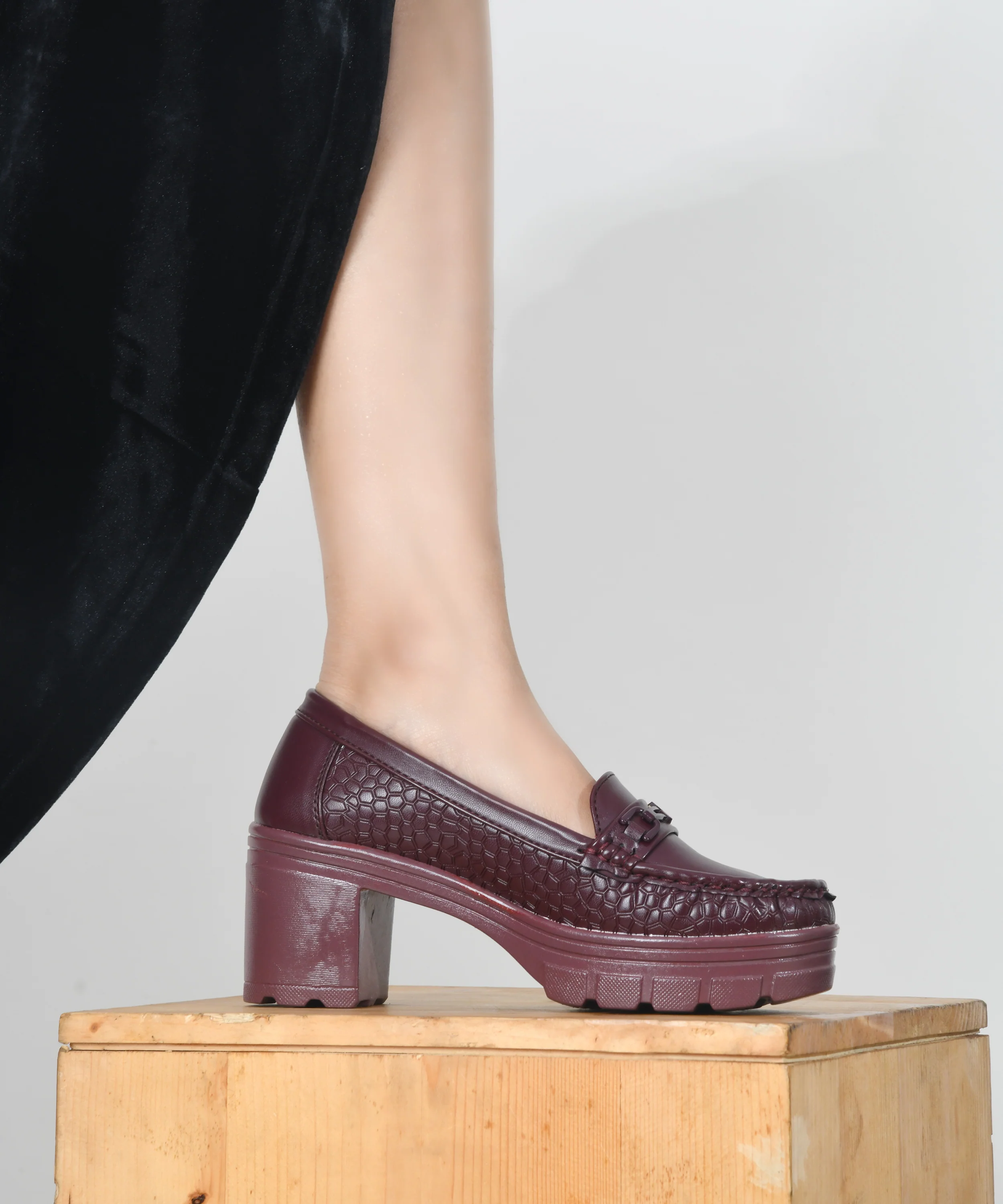 Burgundy Chunky-Heel Loafer with Textured Sides - Image 13