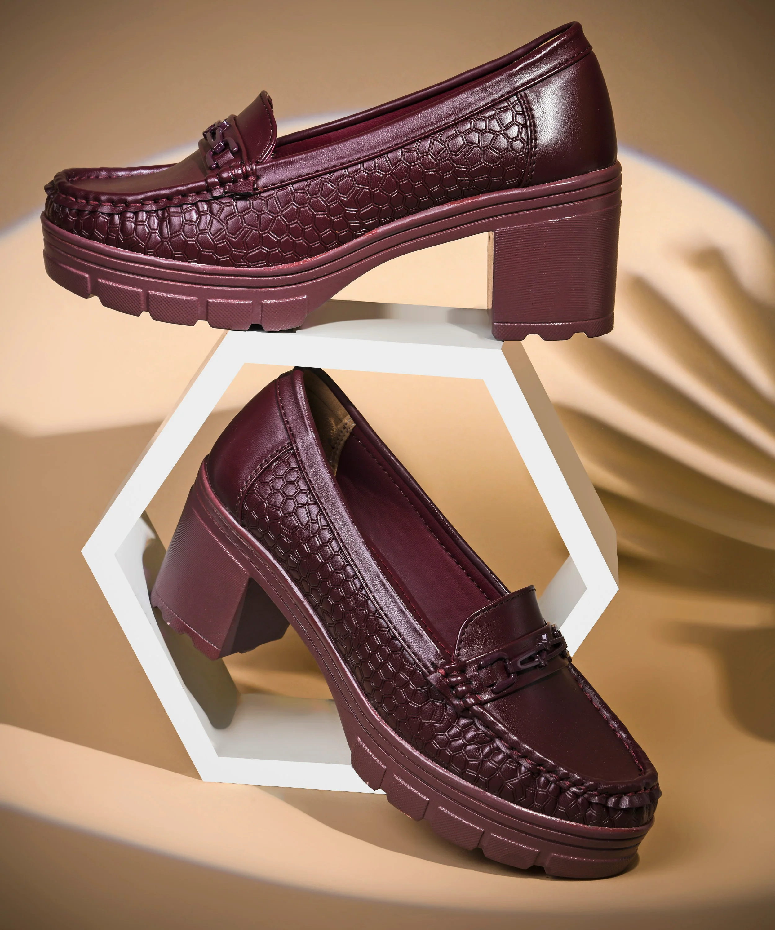Burgundy Chunky-Heel Loafer with Textured Sides - Image 16