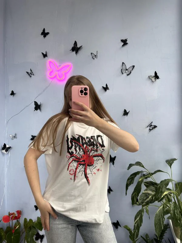Crew Neck T-Shirt with Spider and Letter Print - Image 2
