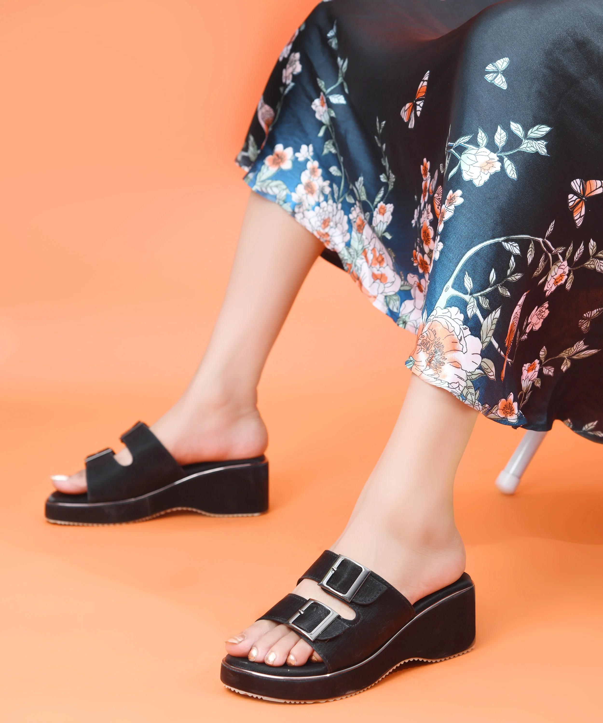 Dual Buckle Wedge Slip-On Sandals
