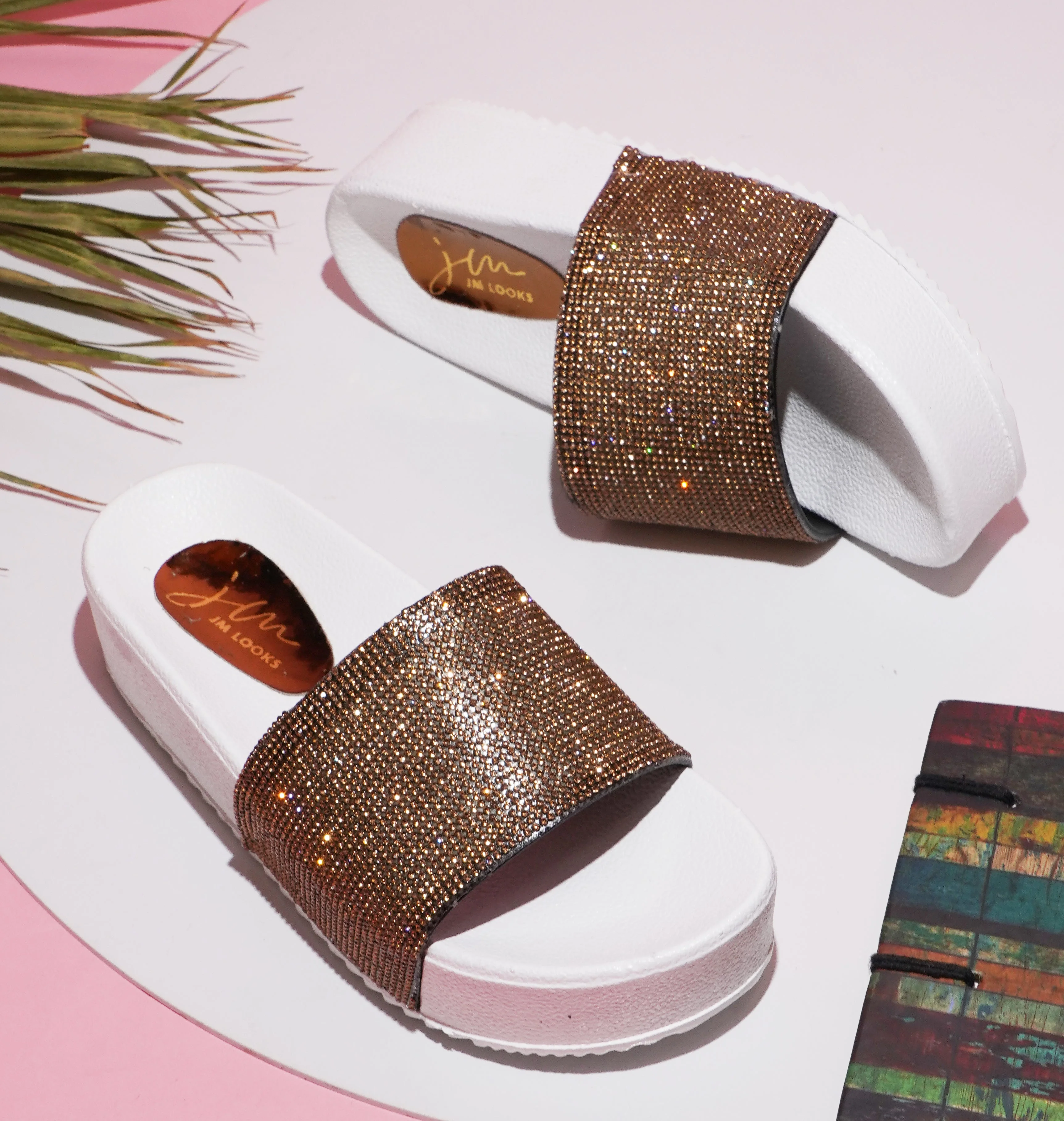 Jm Looks Sparkling Platform Slides for Women & Girls