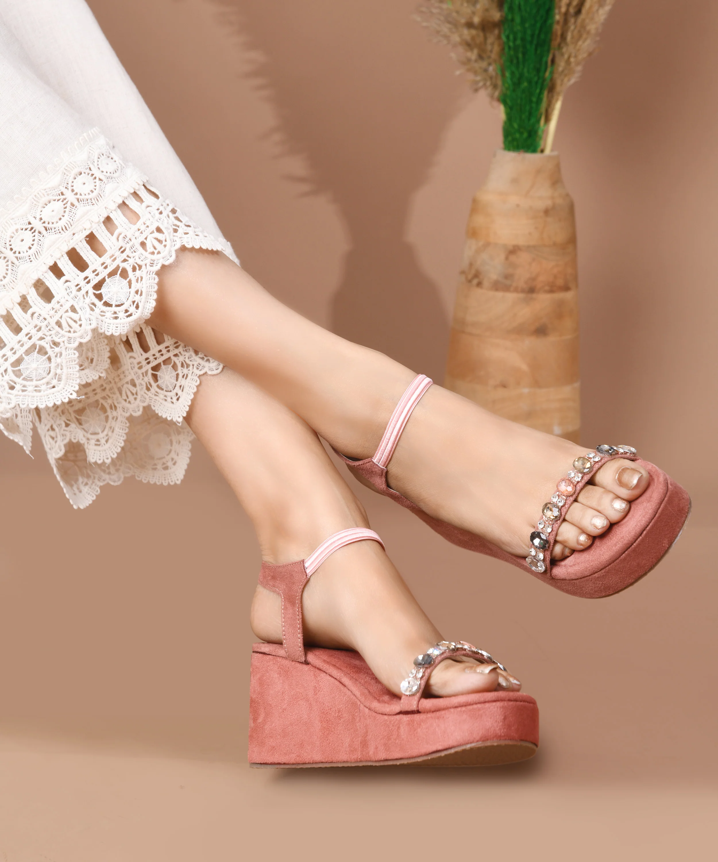 Embellished Suede Wedge Sandals with Ankle Strap - Image 13