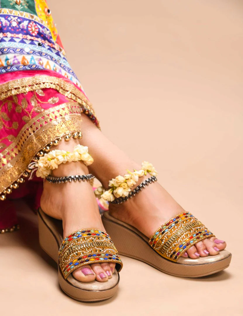 Embroidered Ethnic Wedge Slip-Ons with Beaded Detailing