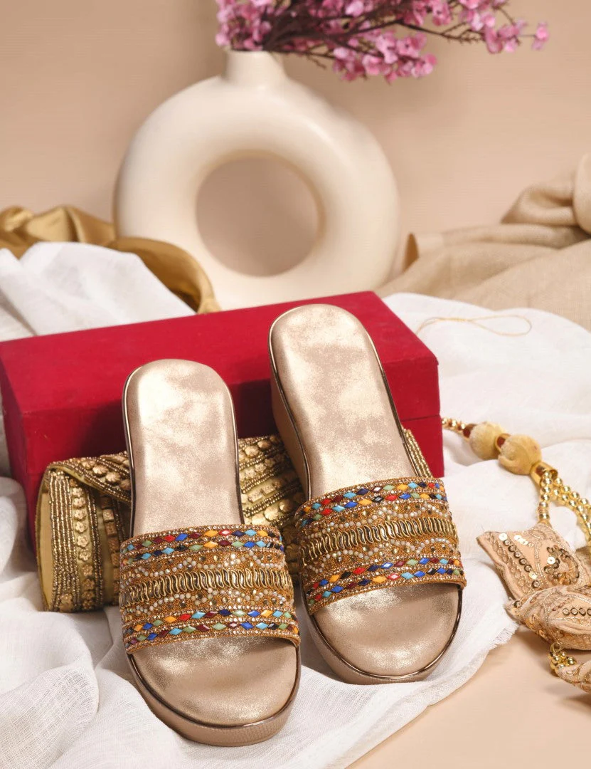 Embroidered Ethnic Wedge Slip-Ons with Beaded Detailing - Image 2