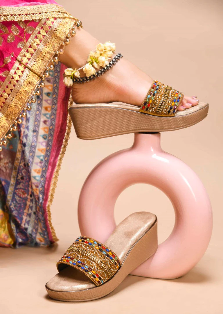 Embroidered Ethnic Wedge Slip-Ons with Beaded Detailing - Image 3