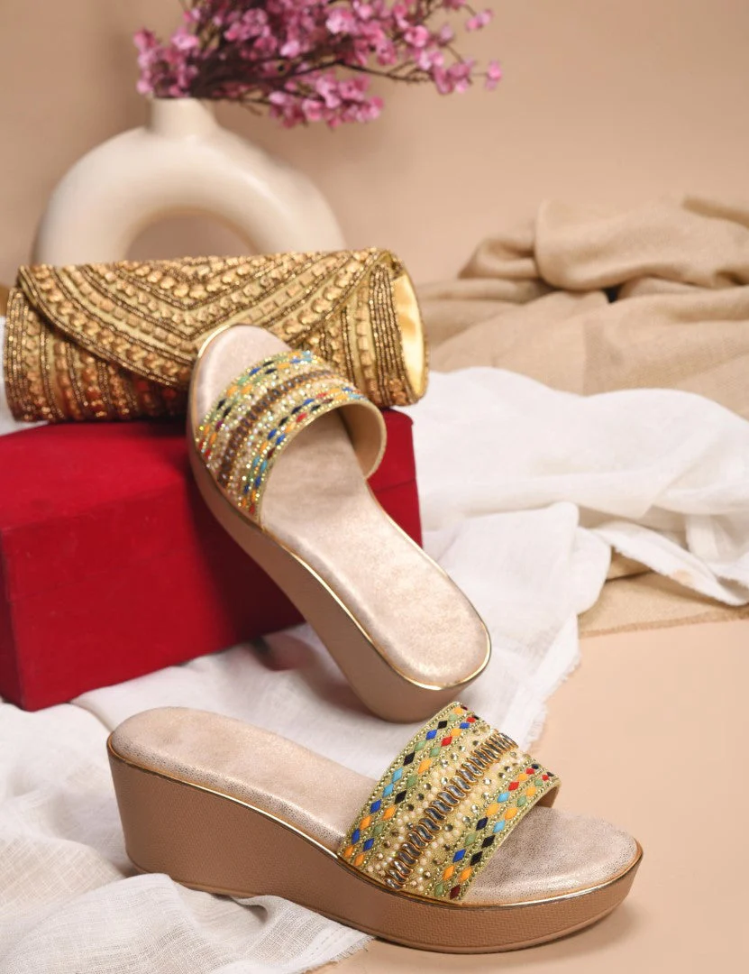 Embroidered Ethnic Wedge Slip-Ons with Beaded Detailing - Image 7