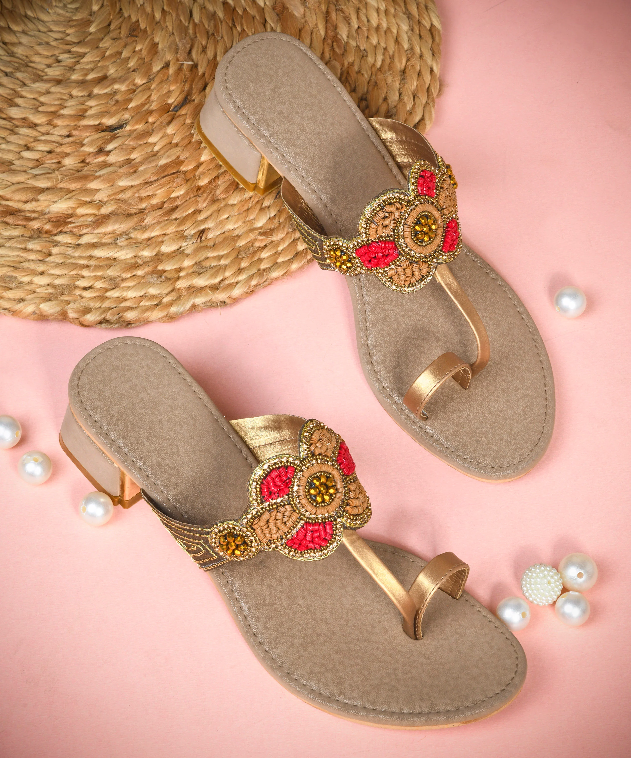 Ethnic Heel Sandals with Beaded Floral Design - Image 10