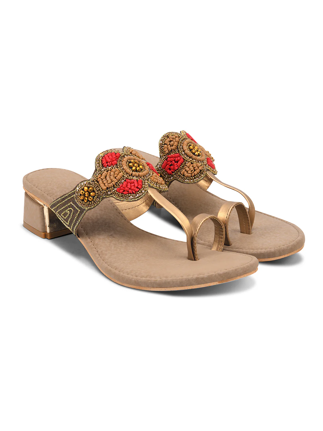 Ethnic Heel Sandals with Beaded Floral Design - Image 11