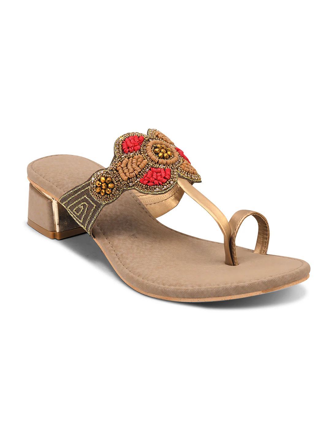 Ethnic Heel Sandals with Beaded Floral Design - Image 12