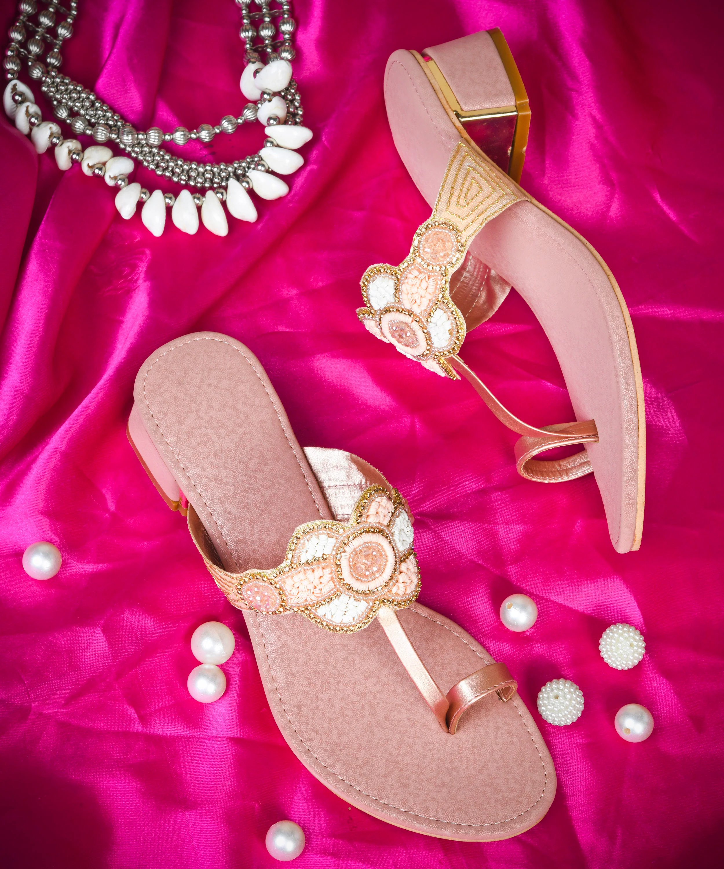 Ethnic Heel Sandals with Beaded Floral Design - Image 16