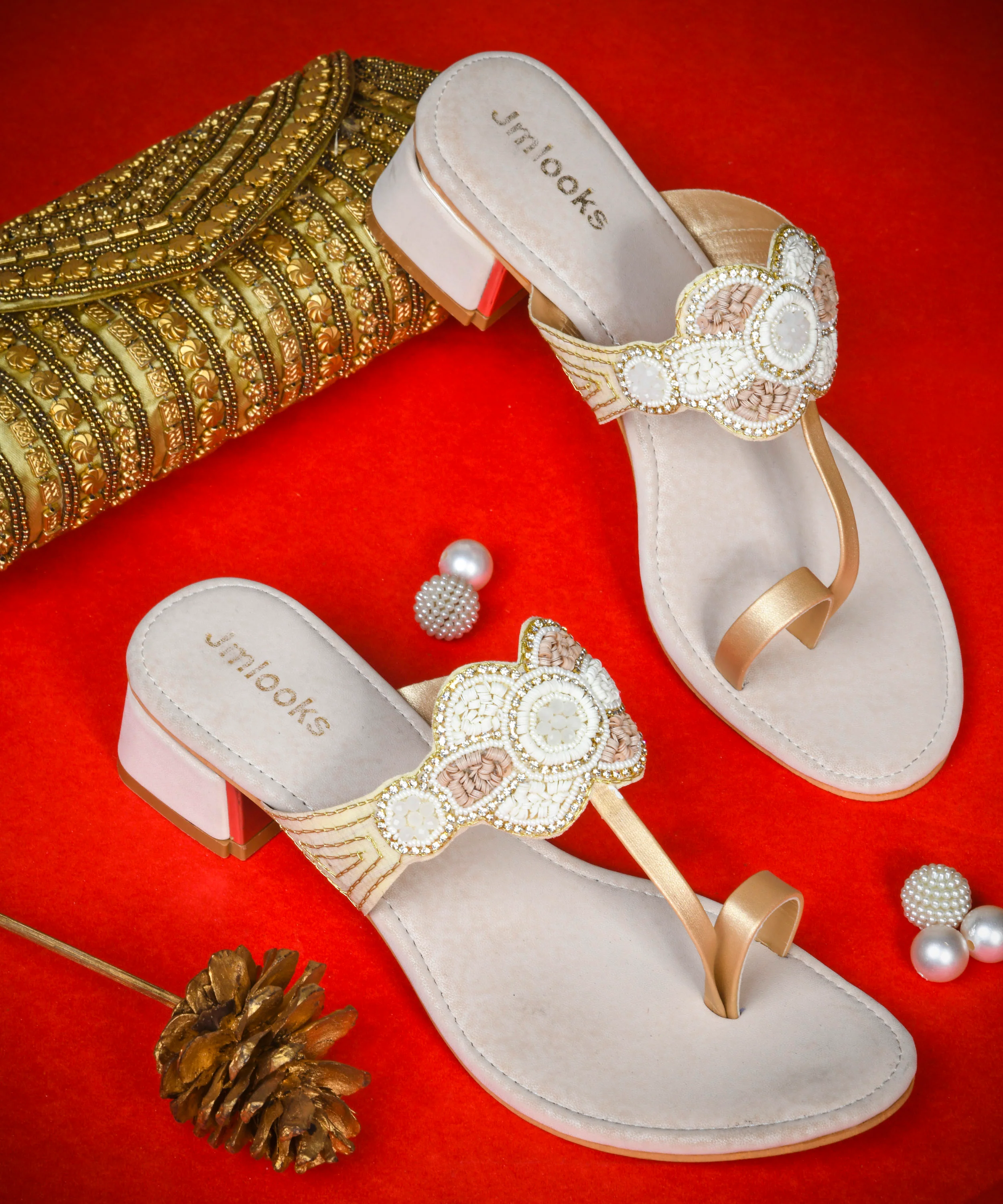 Ethnic Heel Sandals with Beaded Floral Design - Image 4