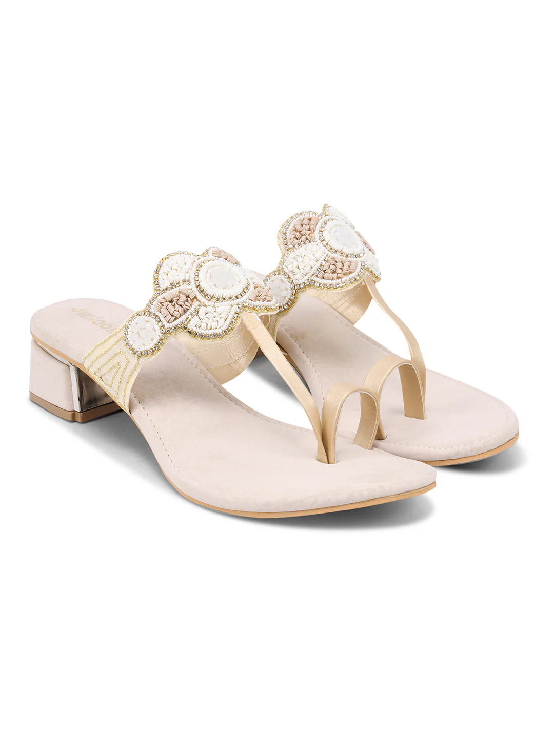 Ethnic Heel Sandals with Beaded Floral Design - Image 5