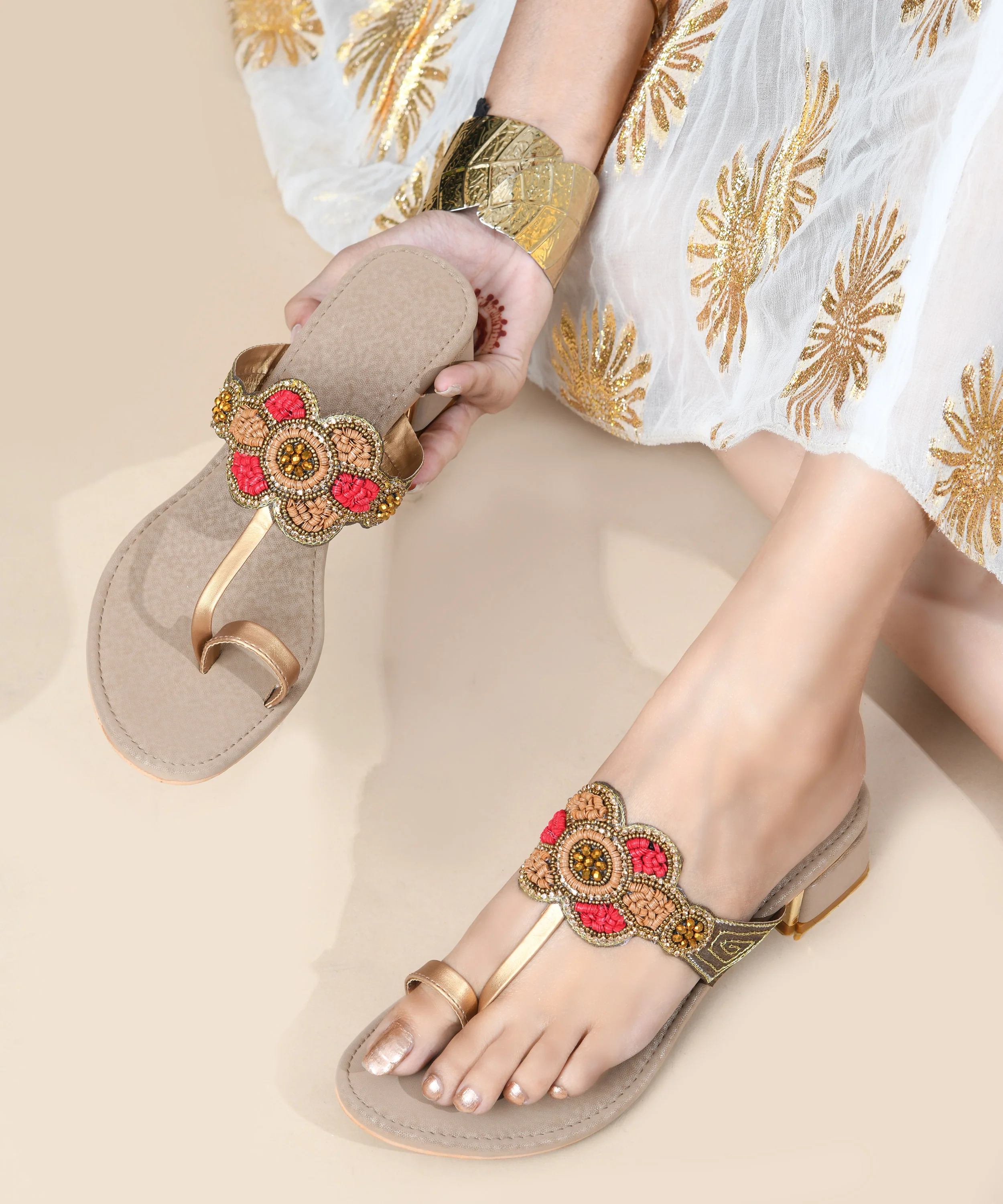 Ethnic Heel Sandals with Beaded Floral Design - Image 7
