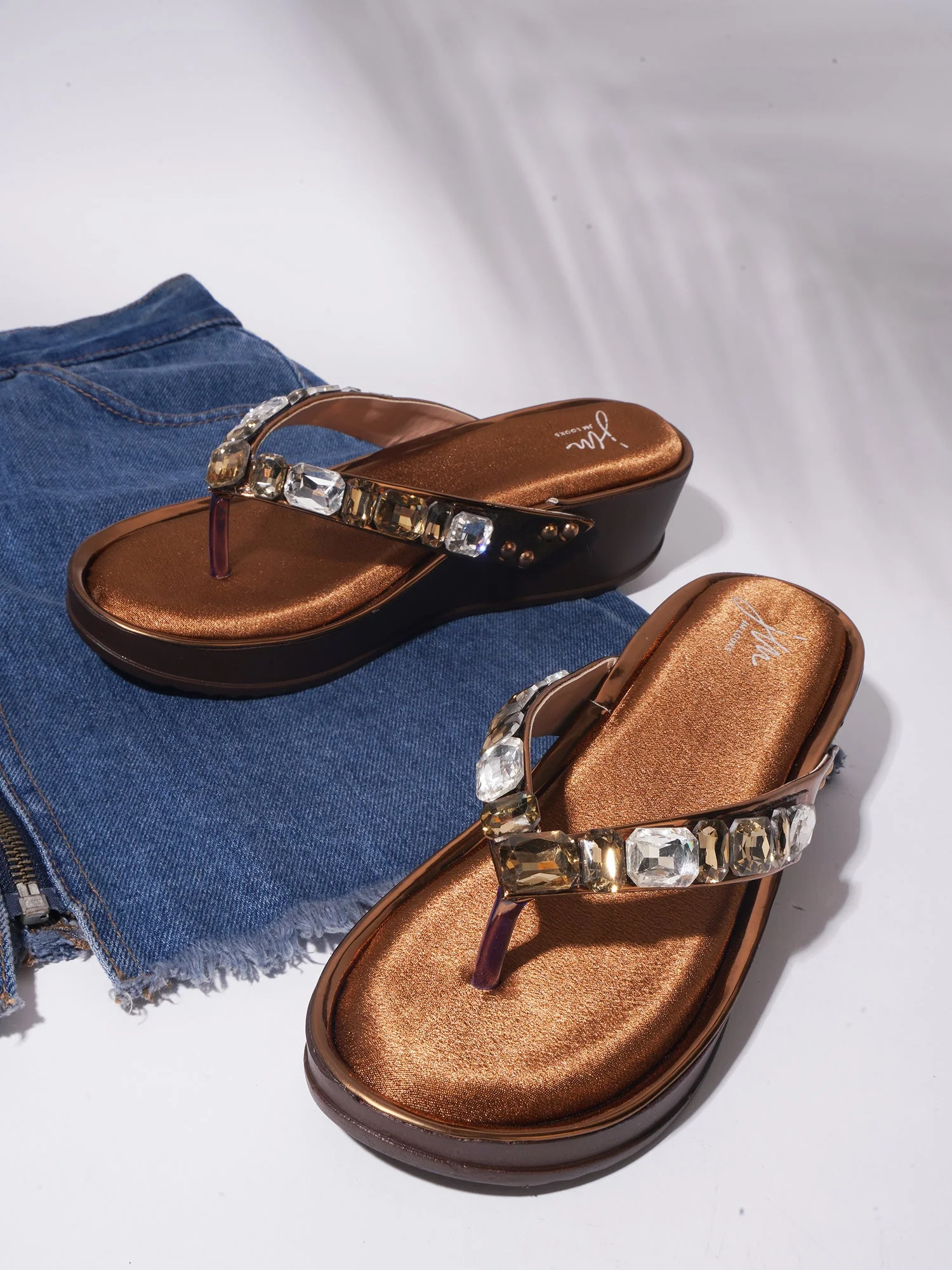 Jm Looks Embellished Wedge Thong Sandals
