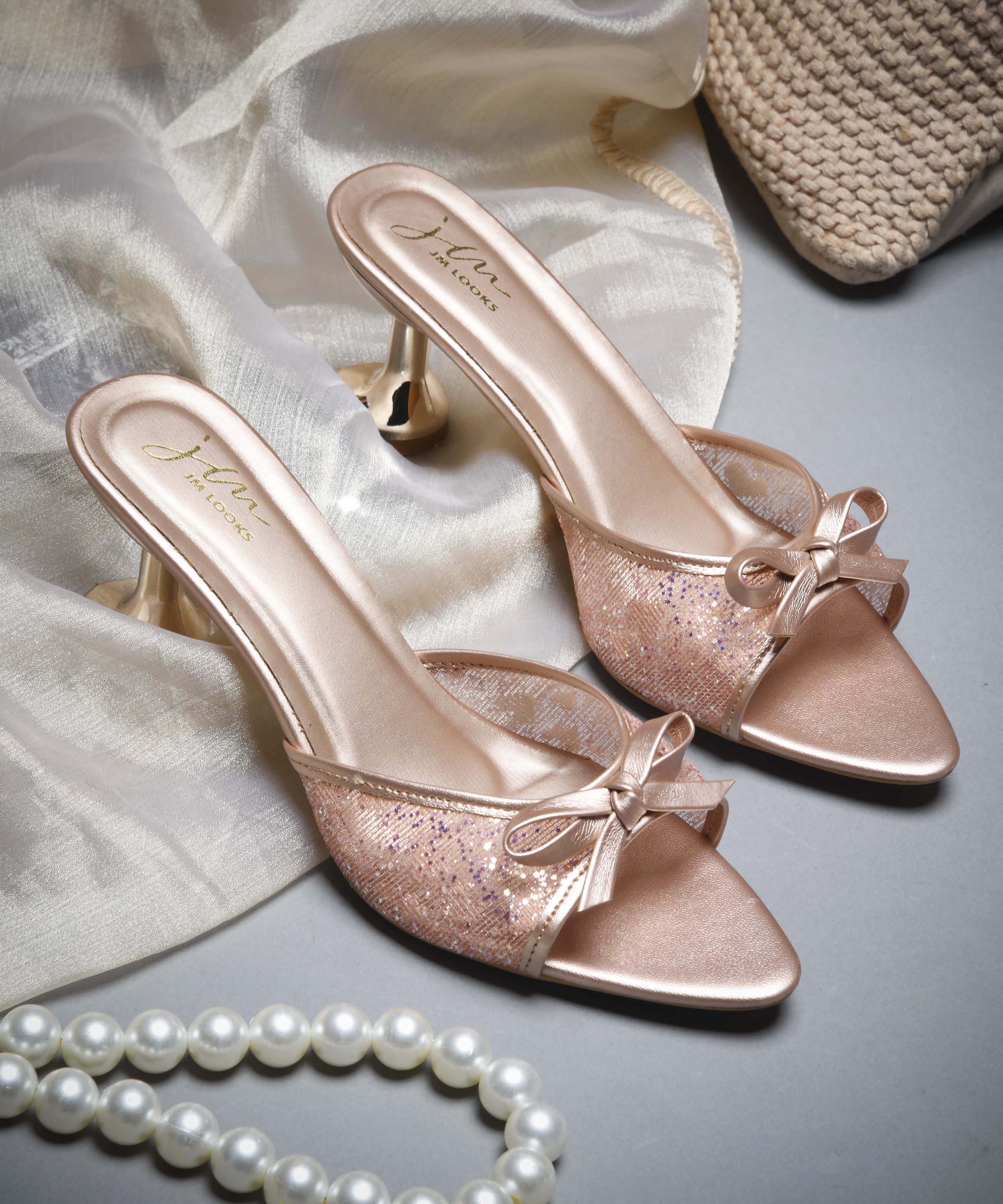 Glitter Mesh Spool Heel Sandals with Bow Detail