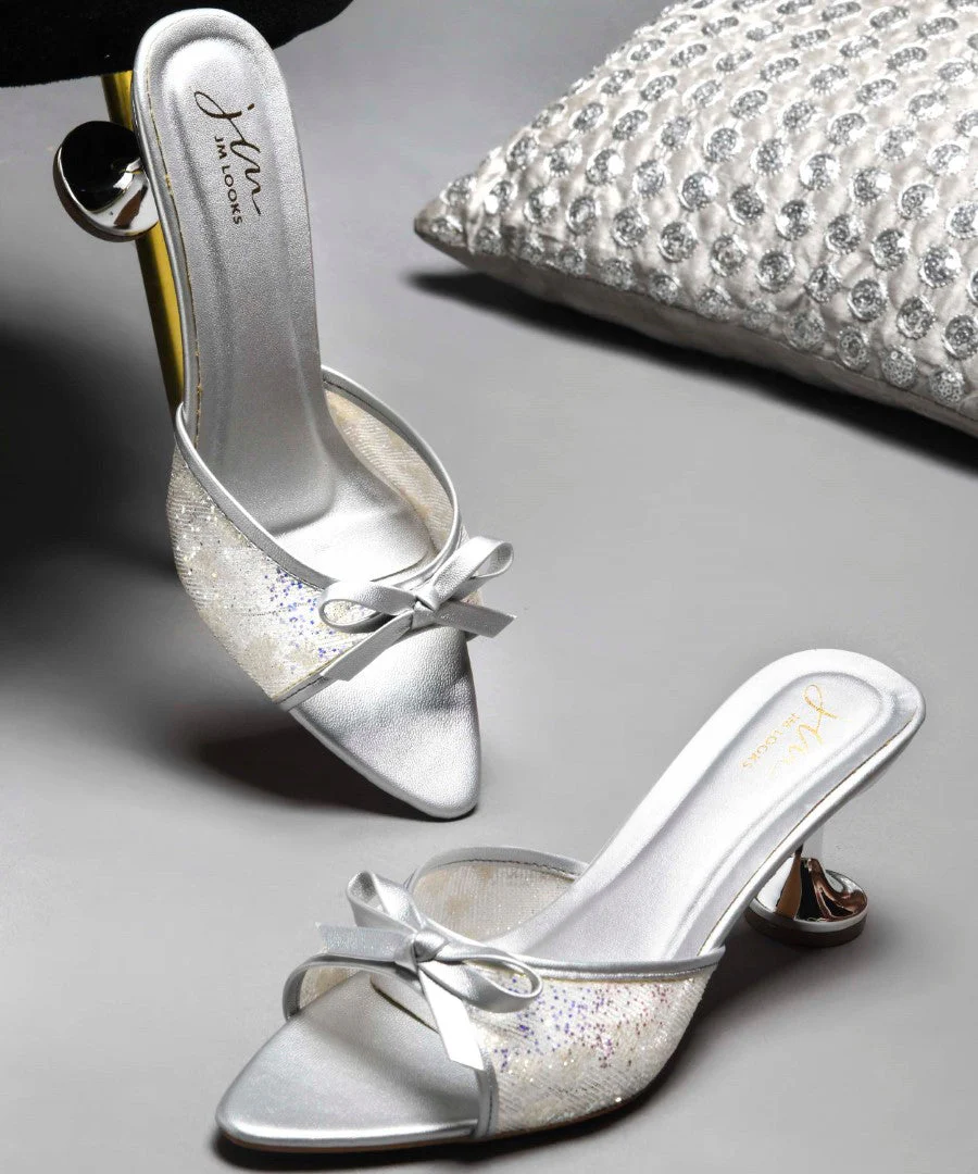 Glitter Mesh Spool Heel Sandals with Bow Detail - Image 15