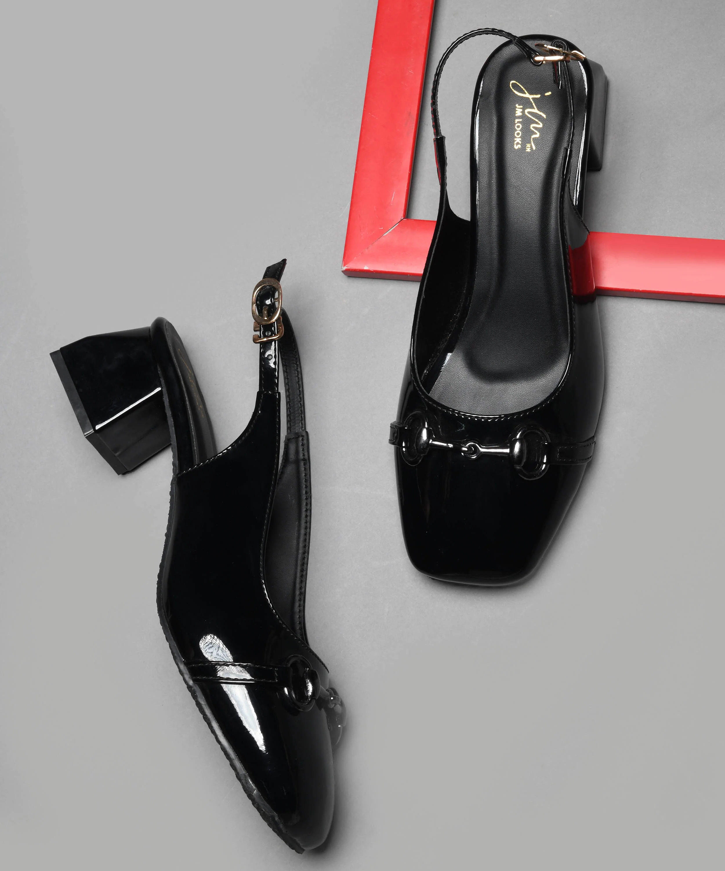 Glossy Black Square-Toe Slingback Block Heels - Image 2