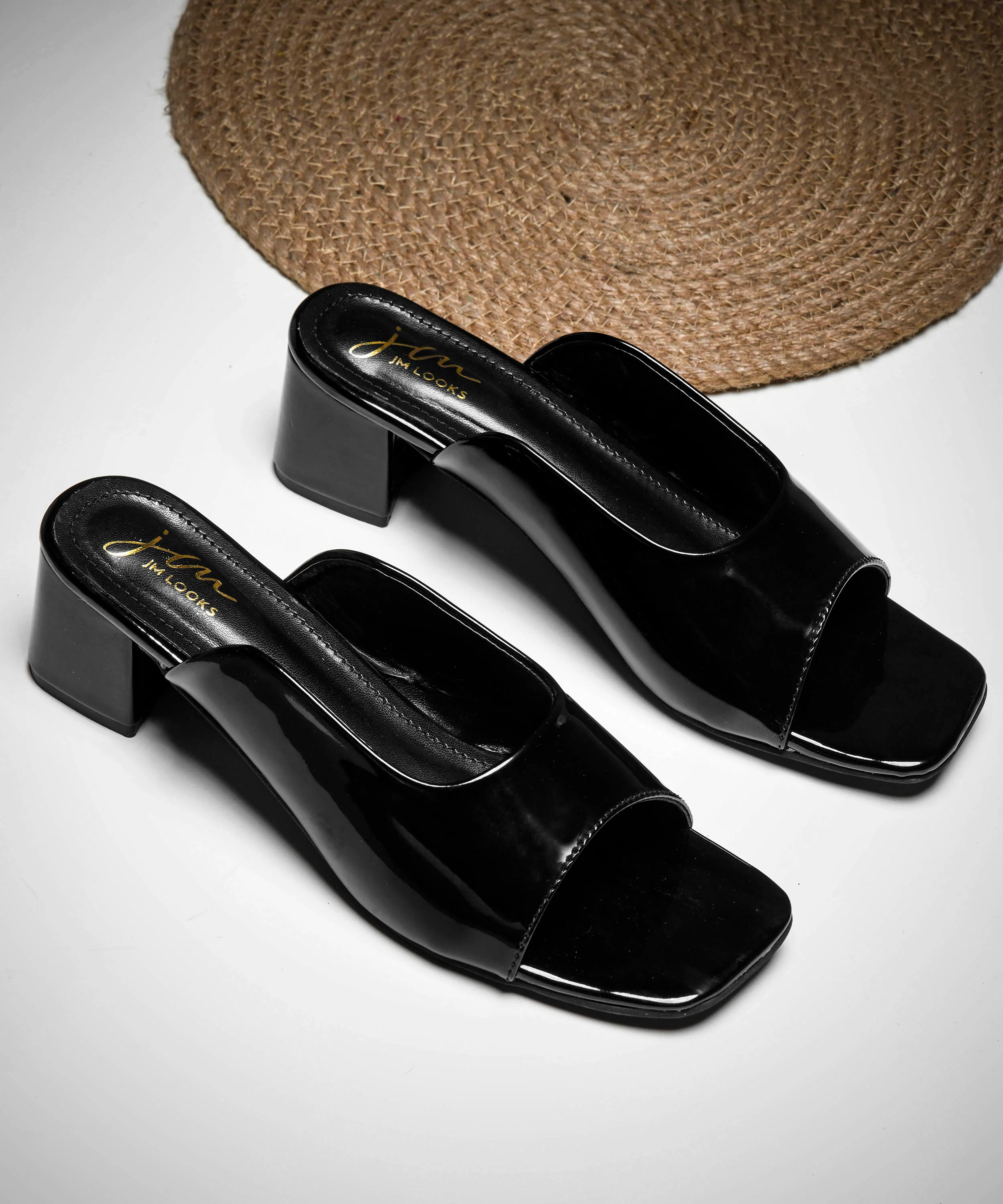 Glossy Block Heel Slip-On Sandals for Women