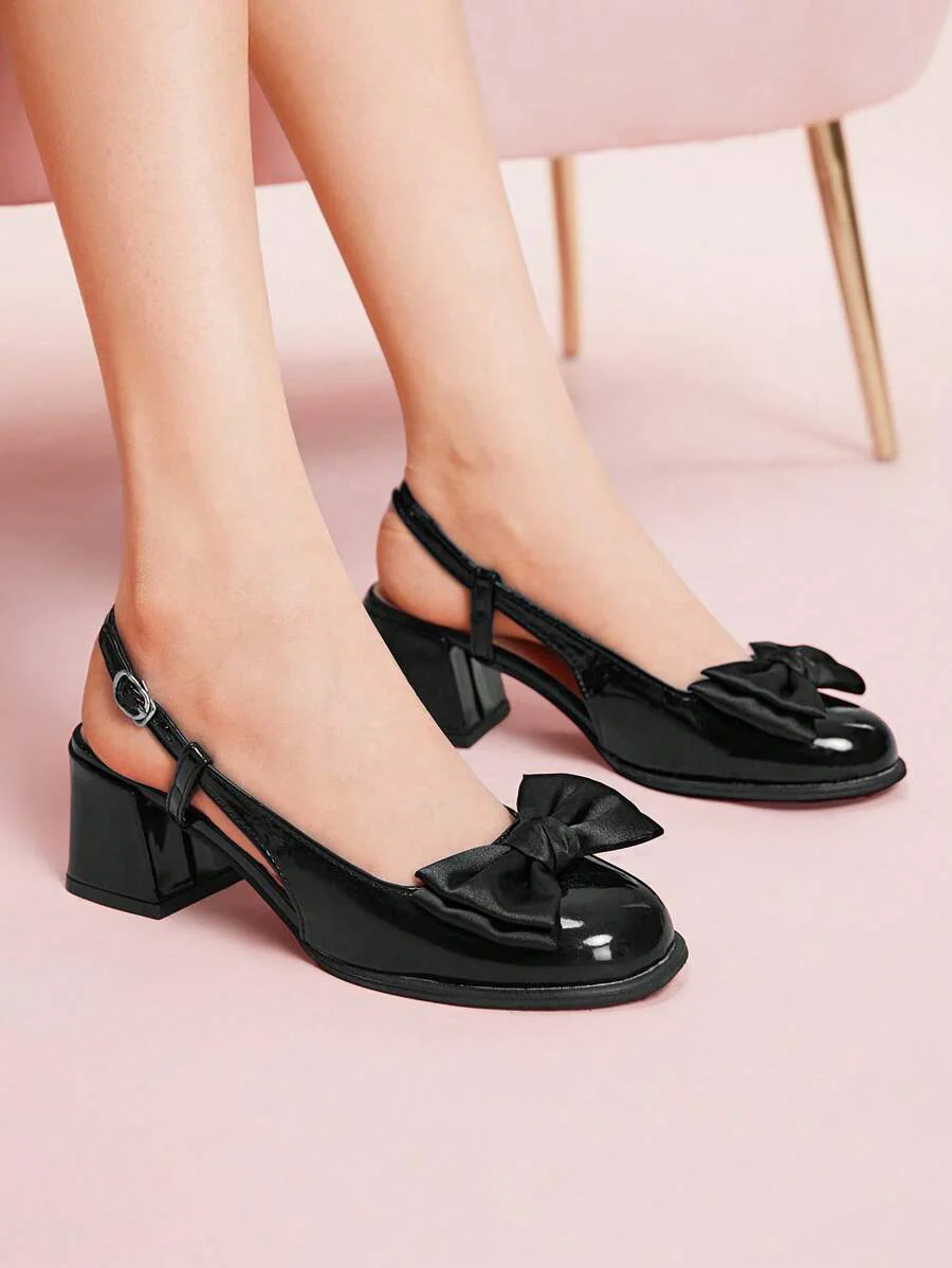 Glossy Bow Block Heels