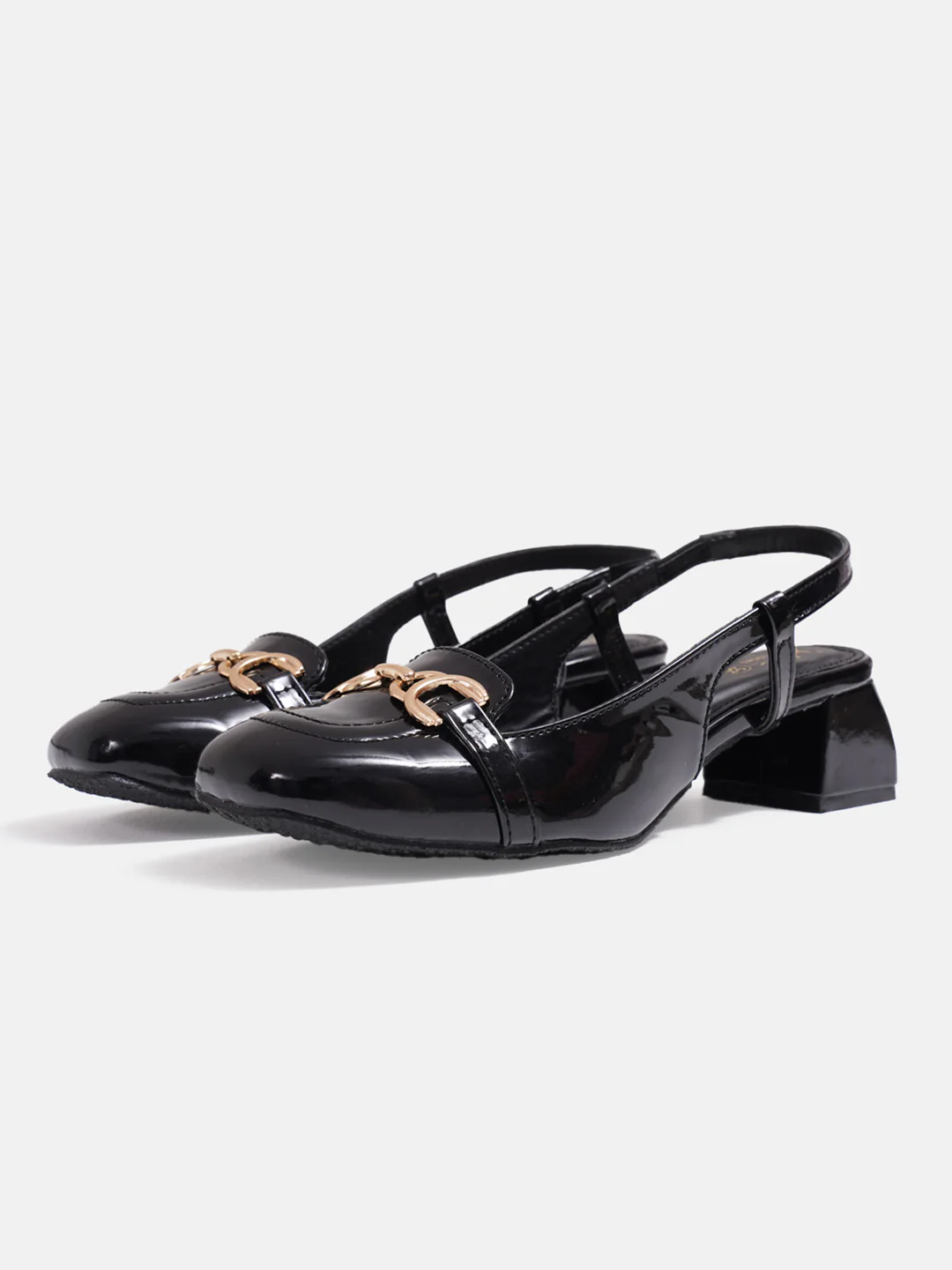 Glossy Gold Chain Slingback Loafers with Block Heel - Image 10