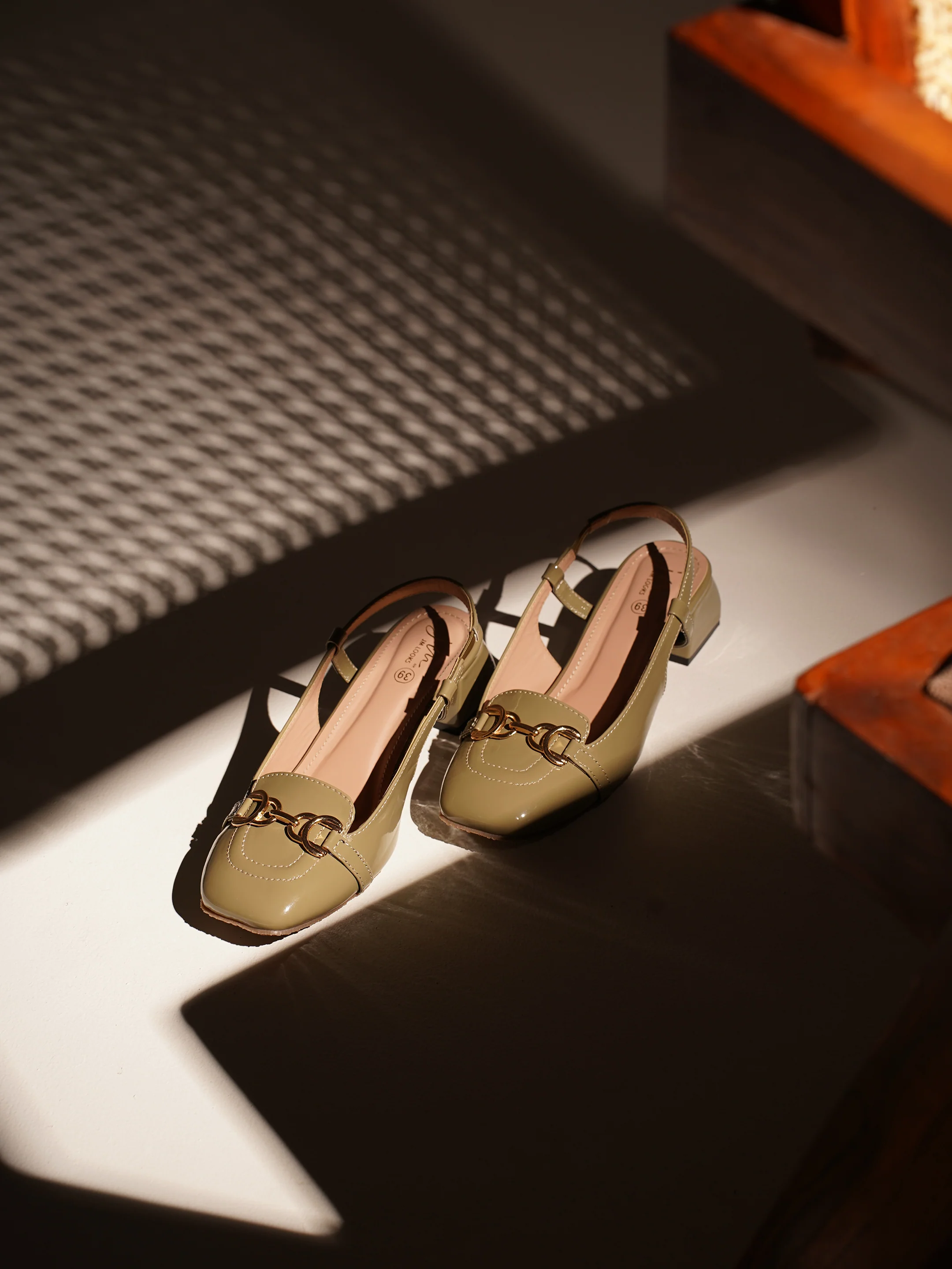 Glossy Gold Chain Slingback Loafers with Block Heel - Image 13