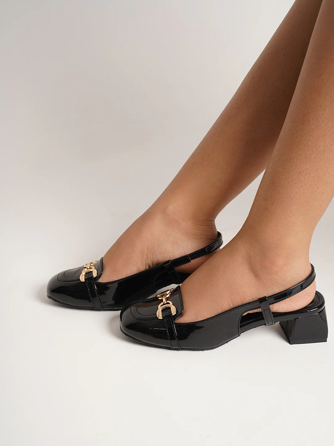 Glossy Gold Chain Slingback Loafers with Block Heel - Image 7