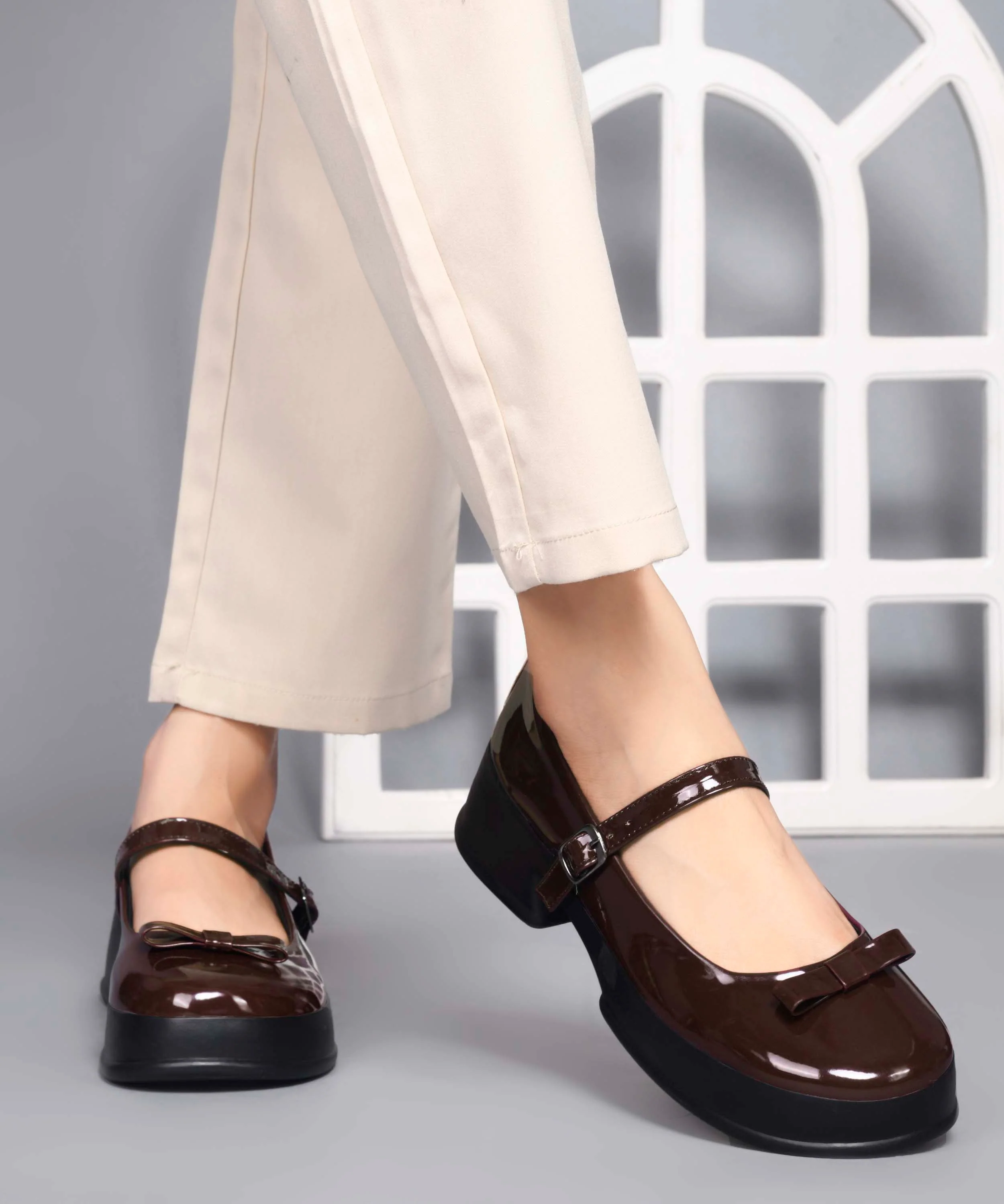 Glossy Mary Jane Platform Shoes with Buckle Strap and Bow Detail - Image 10