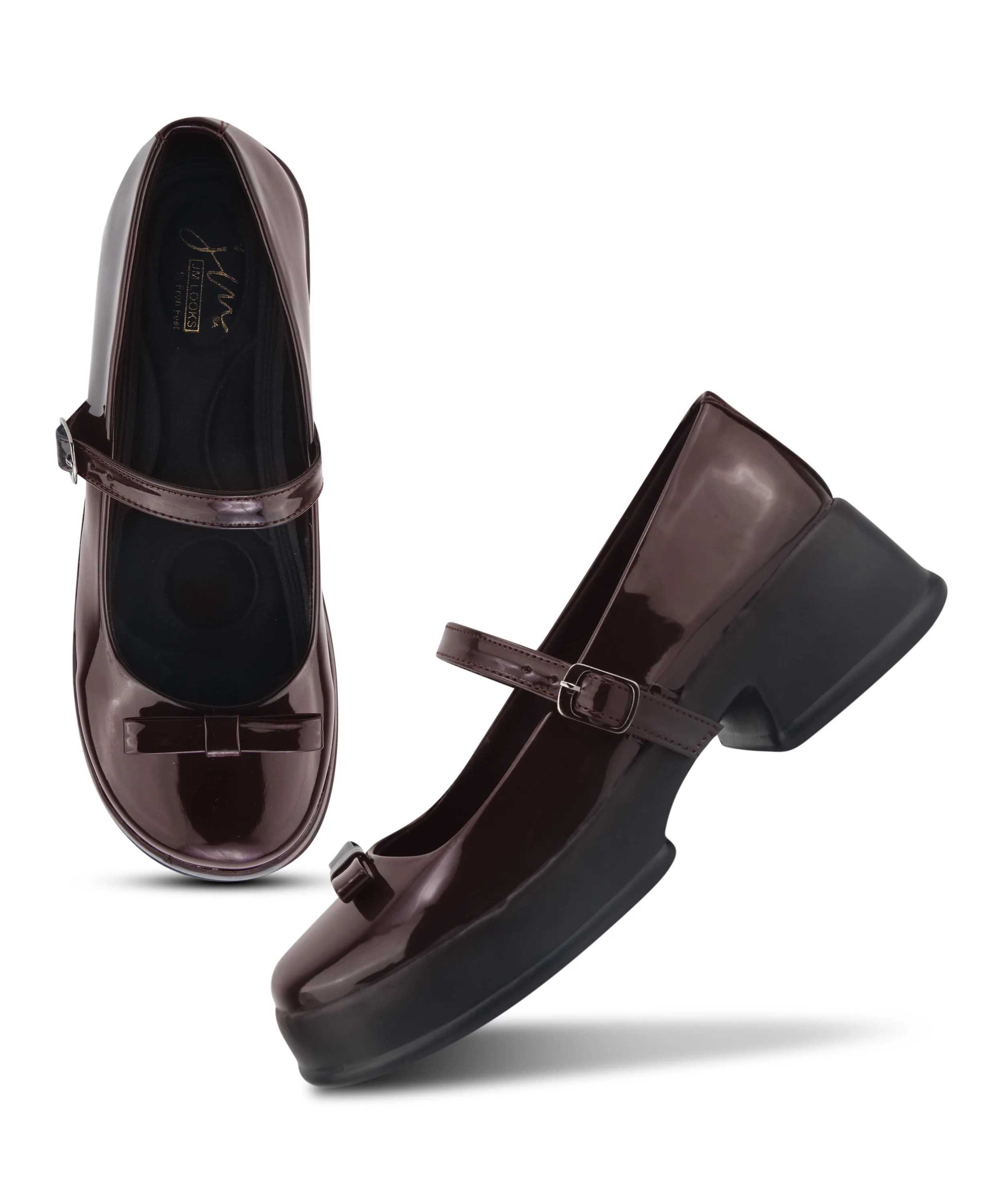 Glossy Mary Jane Platform Shoes with Buckle Strap and Bow Detail - Image 11