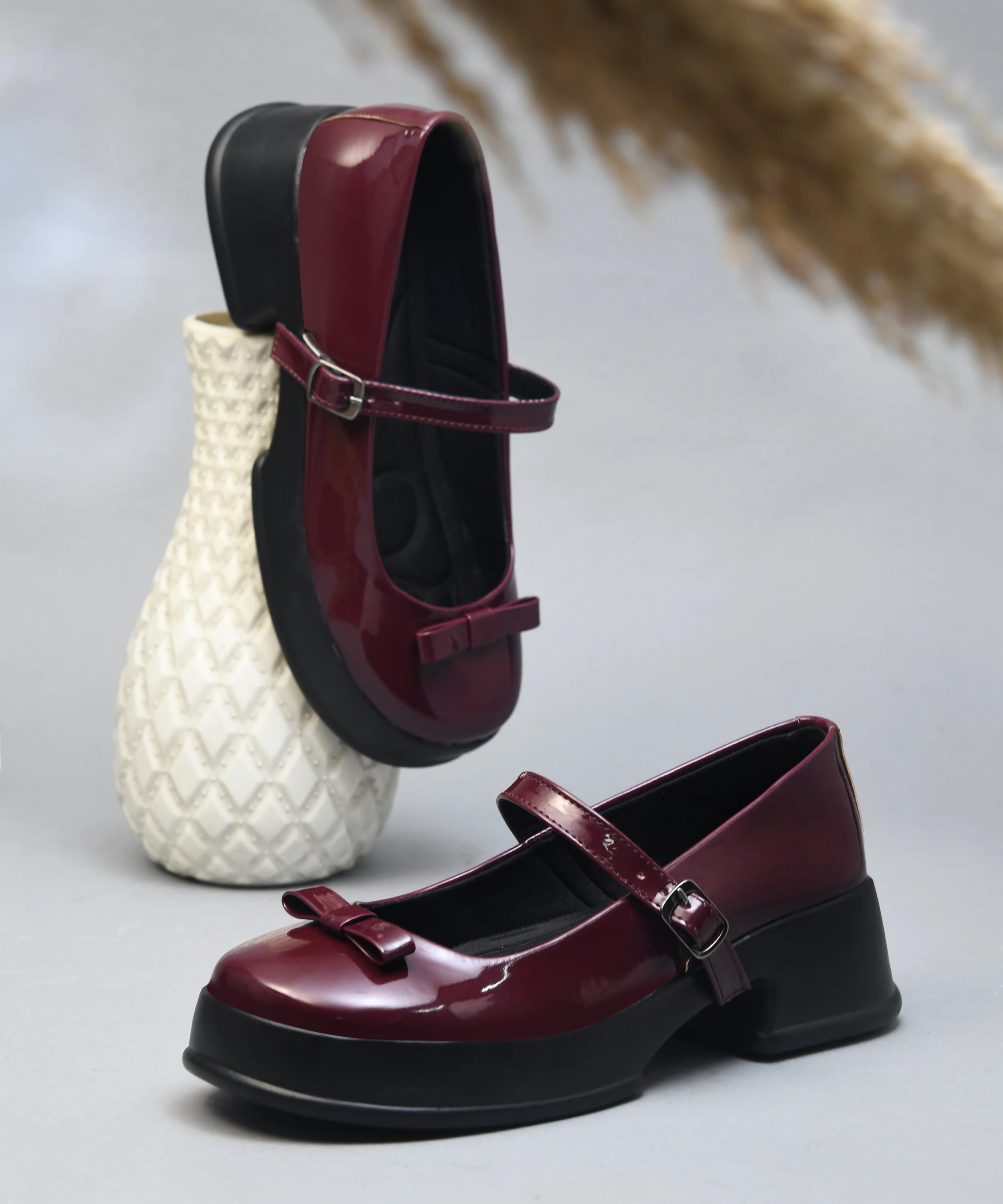 Glossy Mary Jane Platform Shoes with Buckle Strap and Bow Detail - Image 13