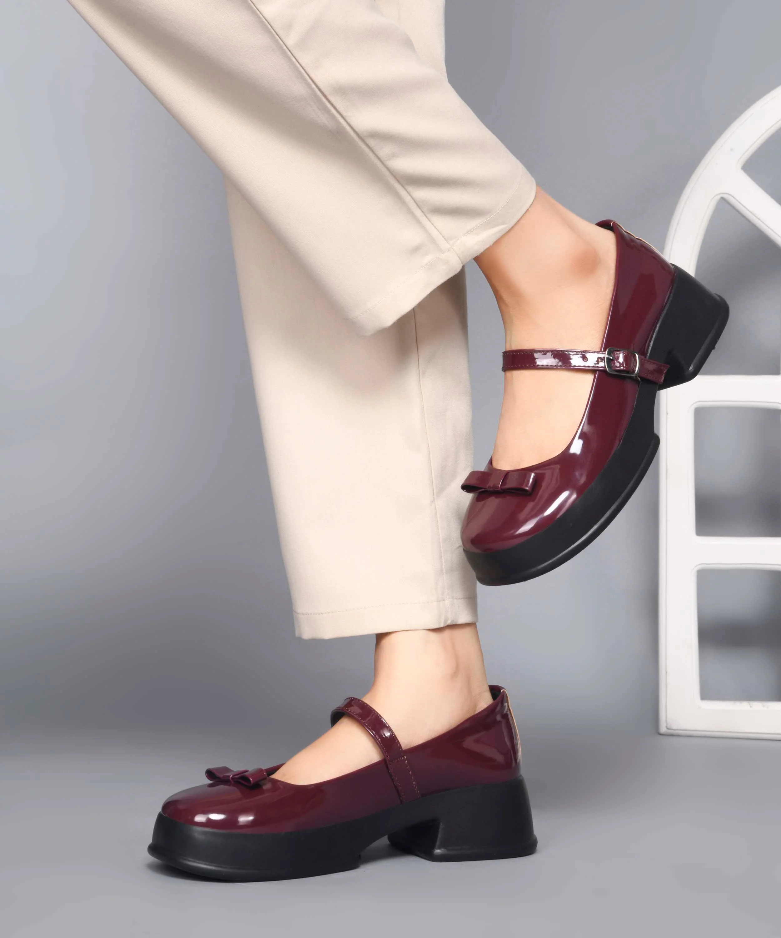 Glossy Mary Jane Platform Shoes with Buckle Strap and Bow Detail - Image 14