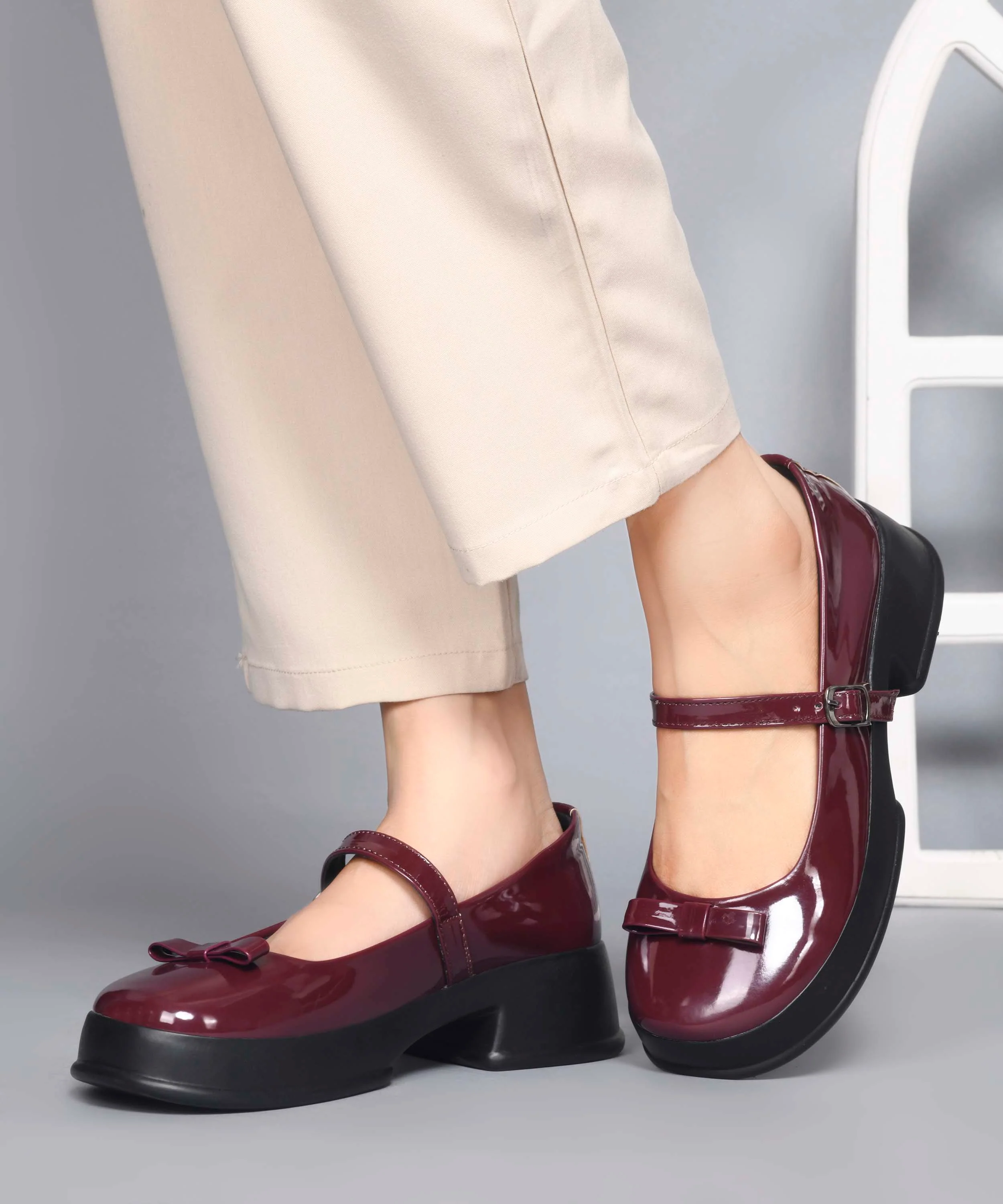 Glossy Mary Jane Platform Shoes with Buckle Strap and Bow Detail - Image 15