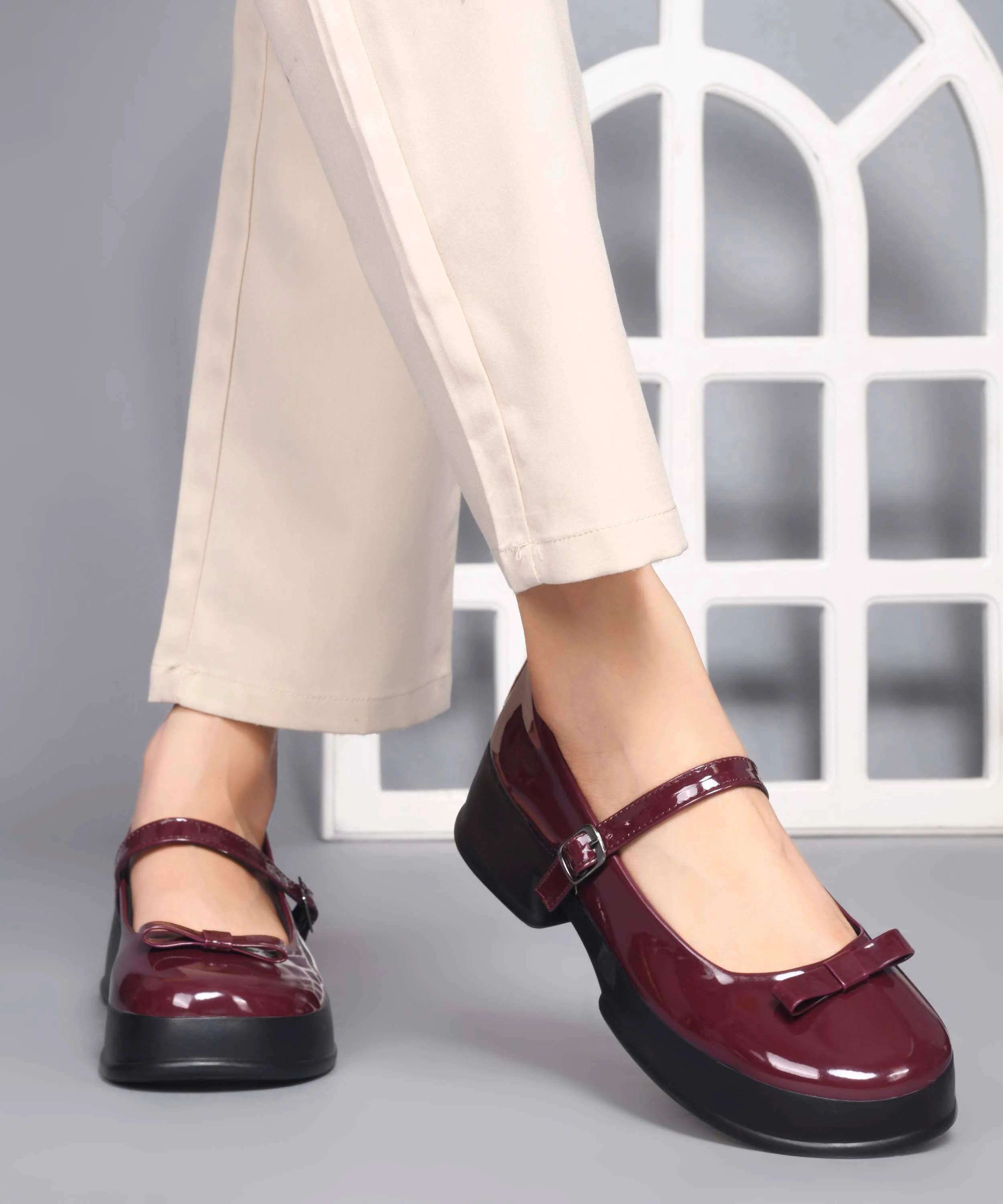 Glossy Mary Jane Platform Shoes with Buckle Strap and Bow Detail - Image 16