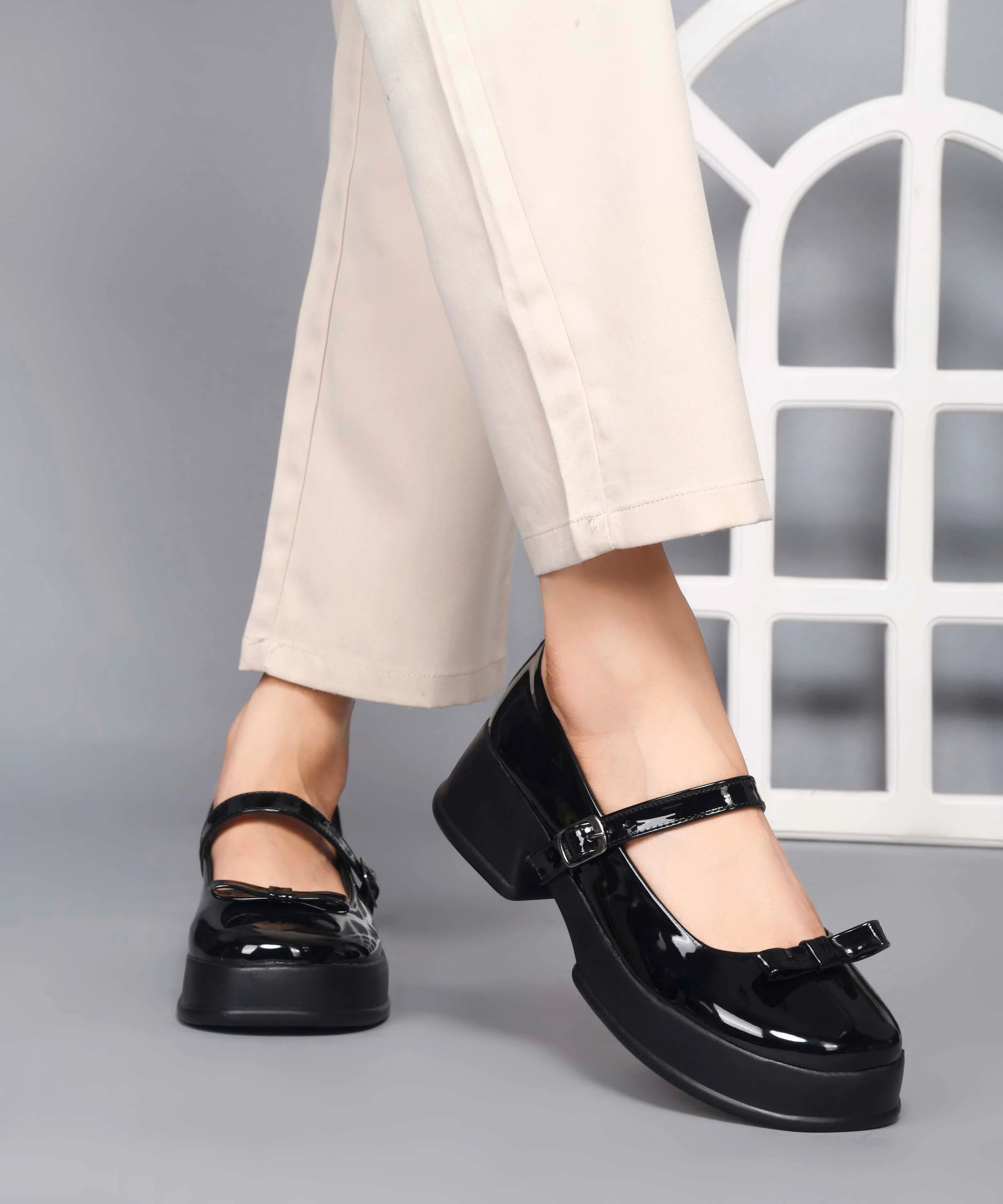 Glossy Mary Jane Platform Shoes with Buckle Strap and Bow Detail - Image 3