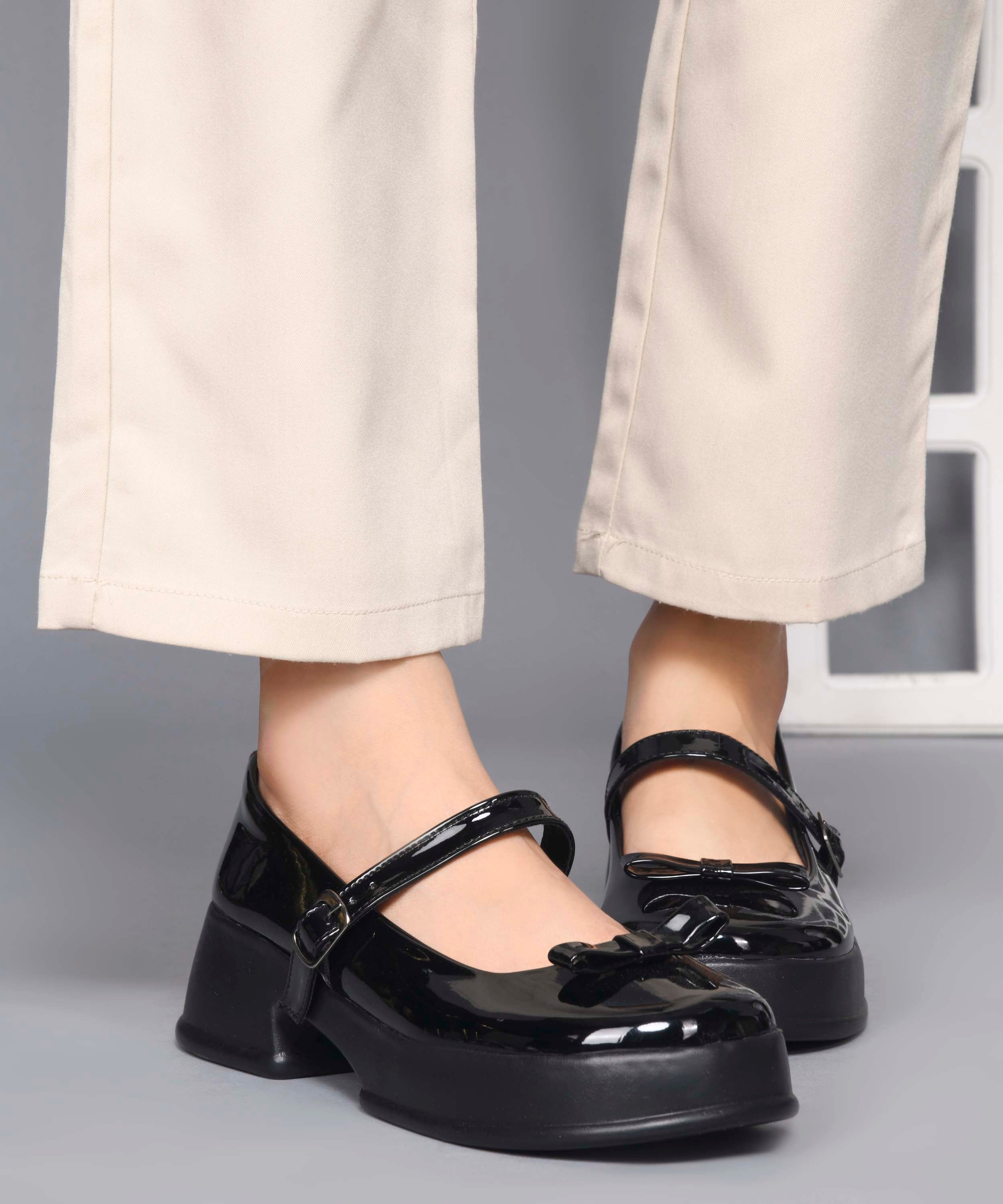 Glossy Mary Jane Platform Shoes with Buckle Strap and Bow Detail - Image 4