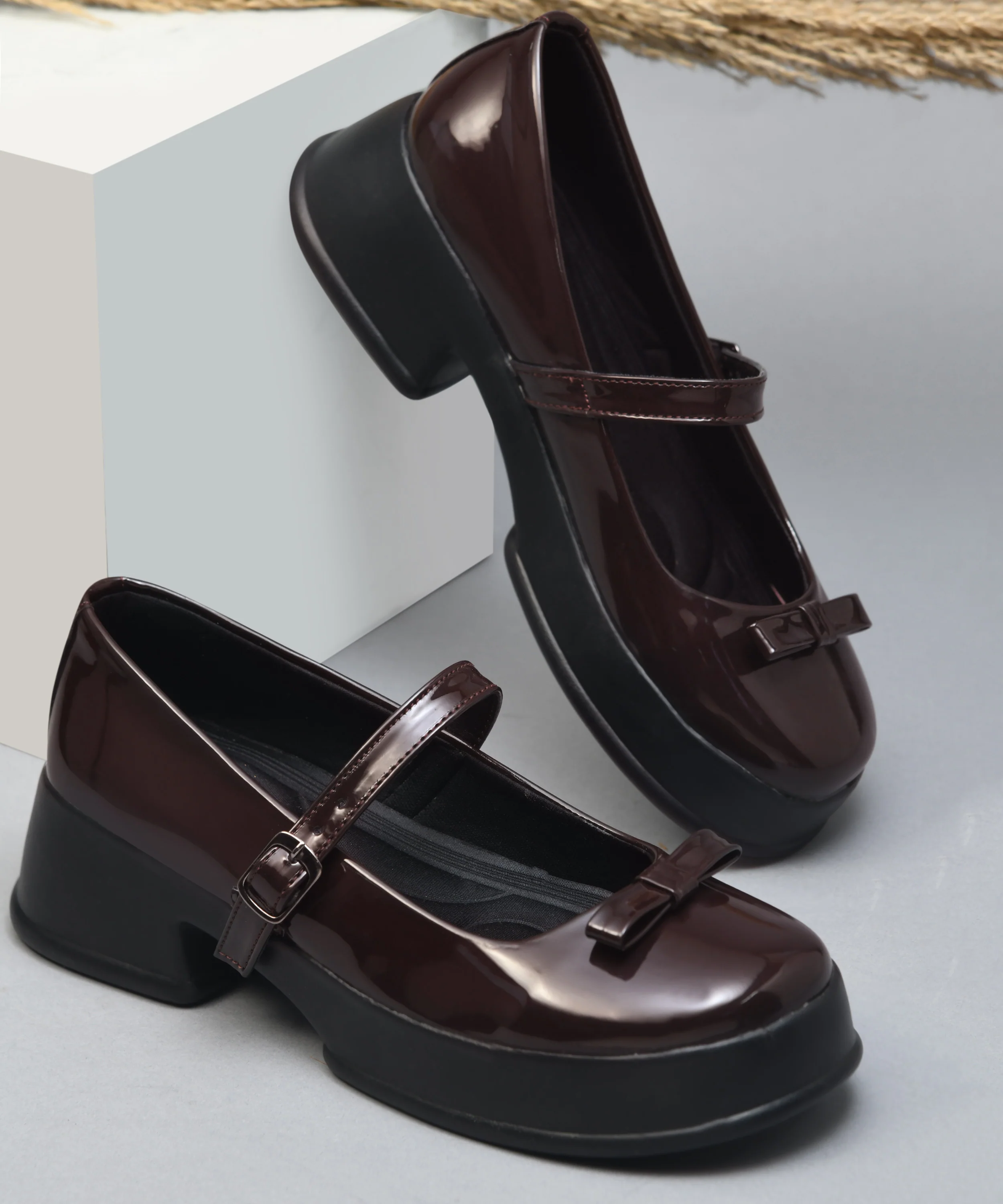 Glossy Mary Jane Platform Shoes with Buckle Strap and Bow Detail - Image 7