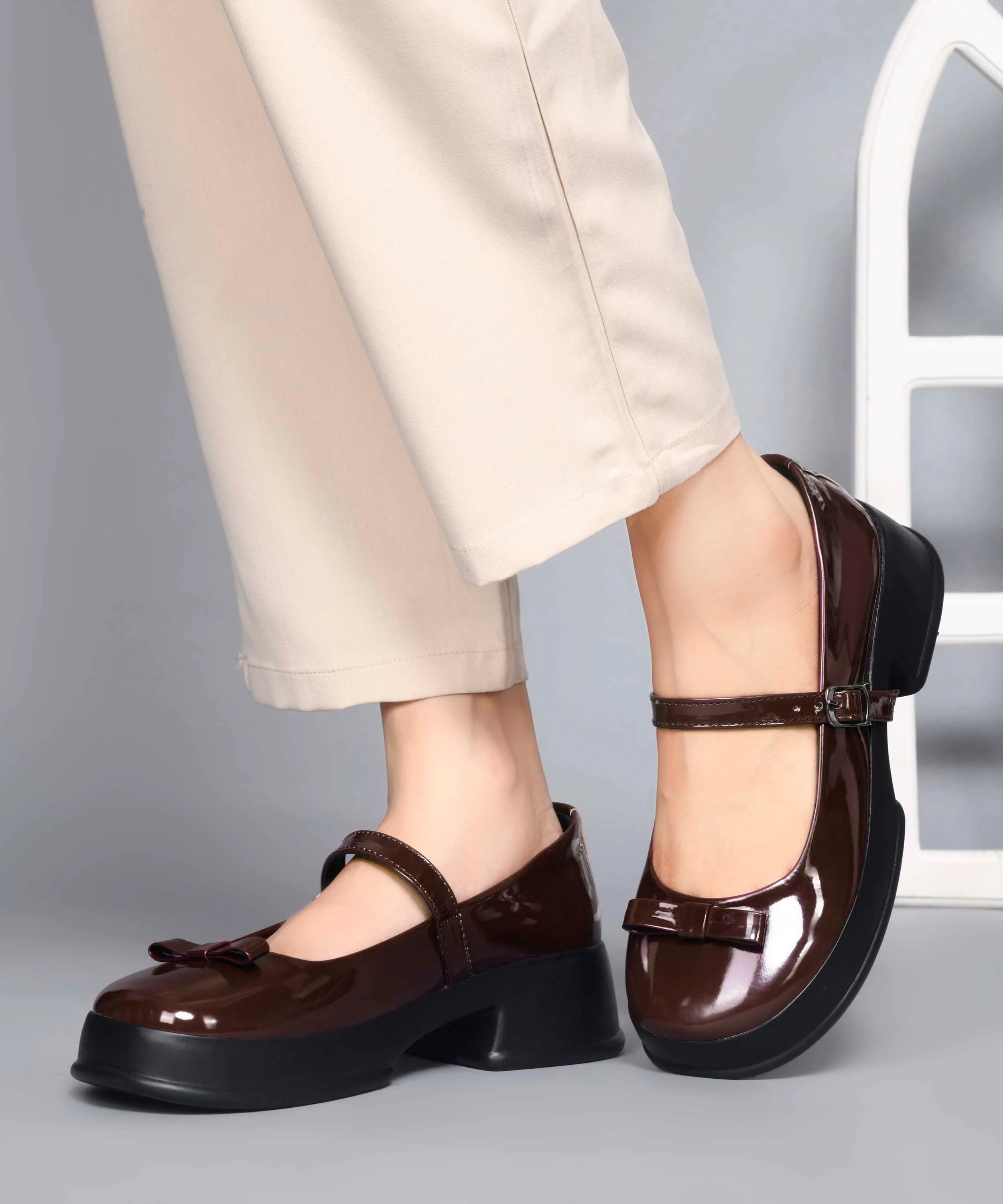 Glossy Mary Jane Platform Shoes with Buckle Strap and Bow Detail - Image 9