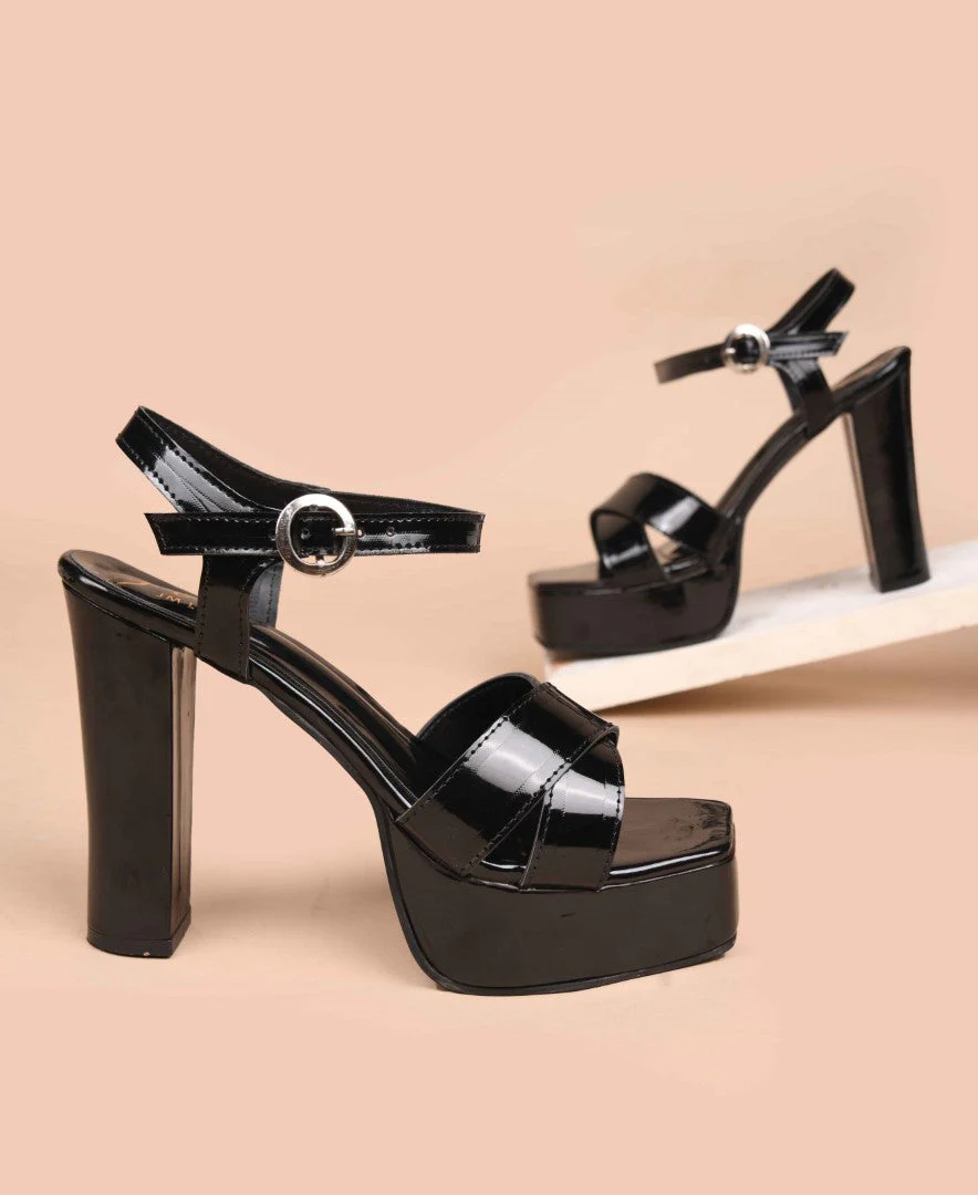 JM Looks Patent Strap Platform Block Heels