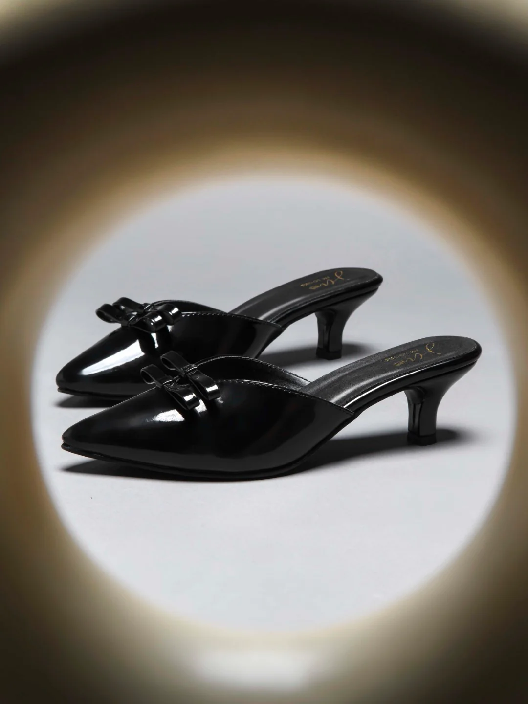 Glossy Pointed Toe Kitten Heel Mules with Double Bow
