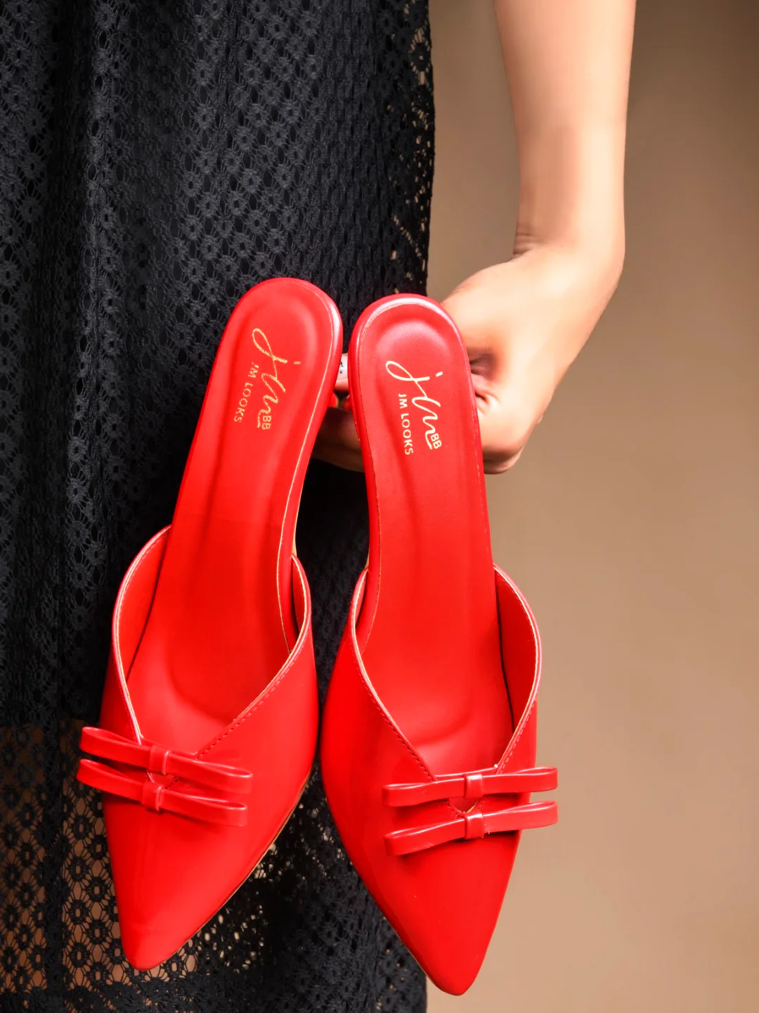 Glossy Pointed Toe Kitten Heel Mules with Double Bow - Image 10