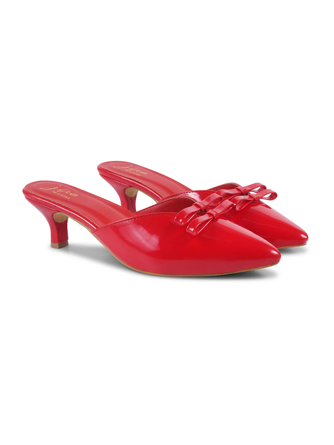 Glossy Pointed Toe Kitten Heel Mules with Double Bow - Image 11