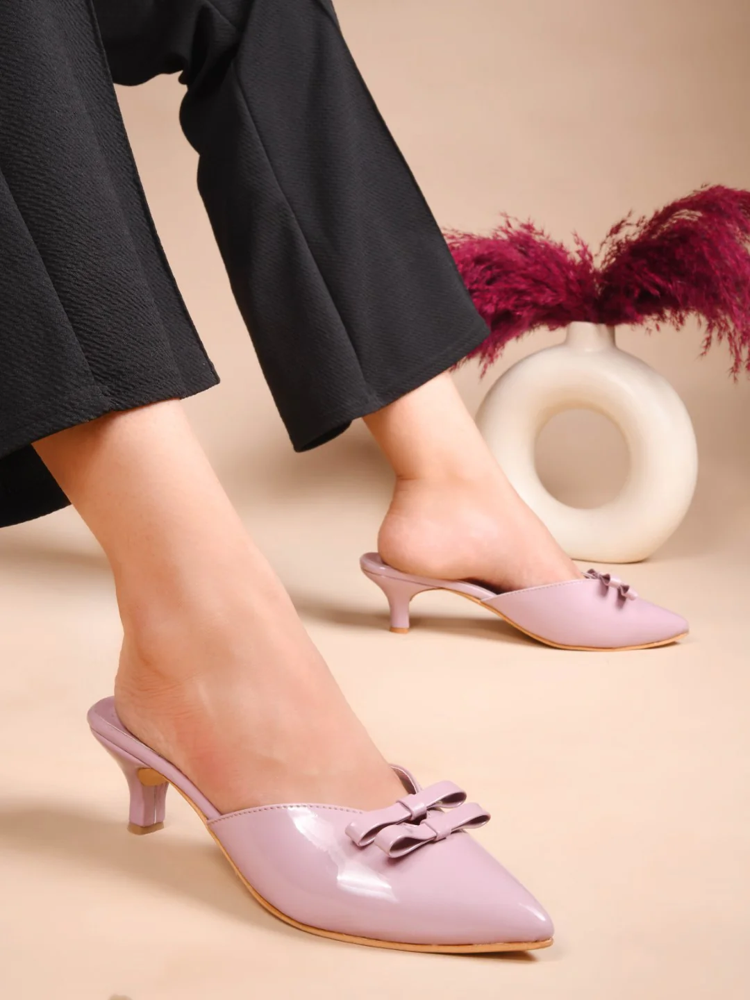 Glossy Pointed Toe Kitten Heel Mules with Double Bow - Image 14